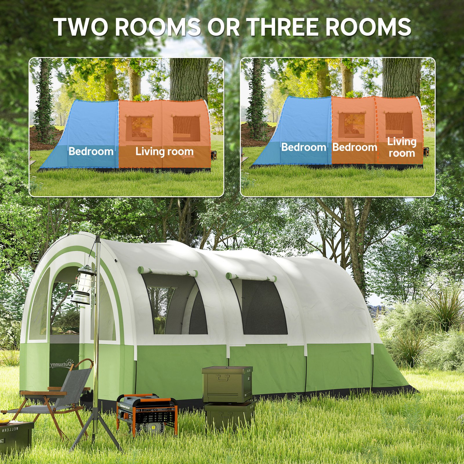 Outsunny 3000mm Waterproof Camping Tent, 5-6 Man Family Tent with Living and Bedroom, Carry Bag Included, Cream and Green - Image 4