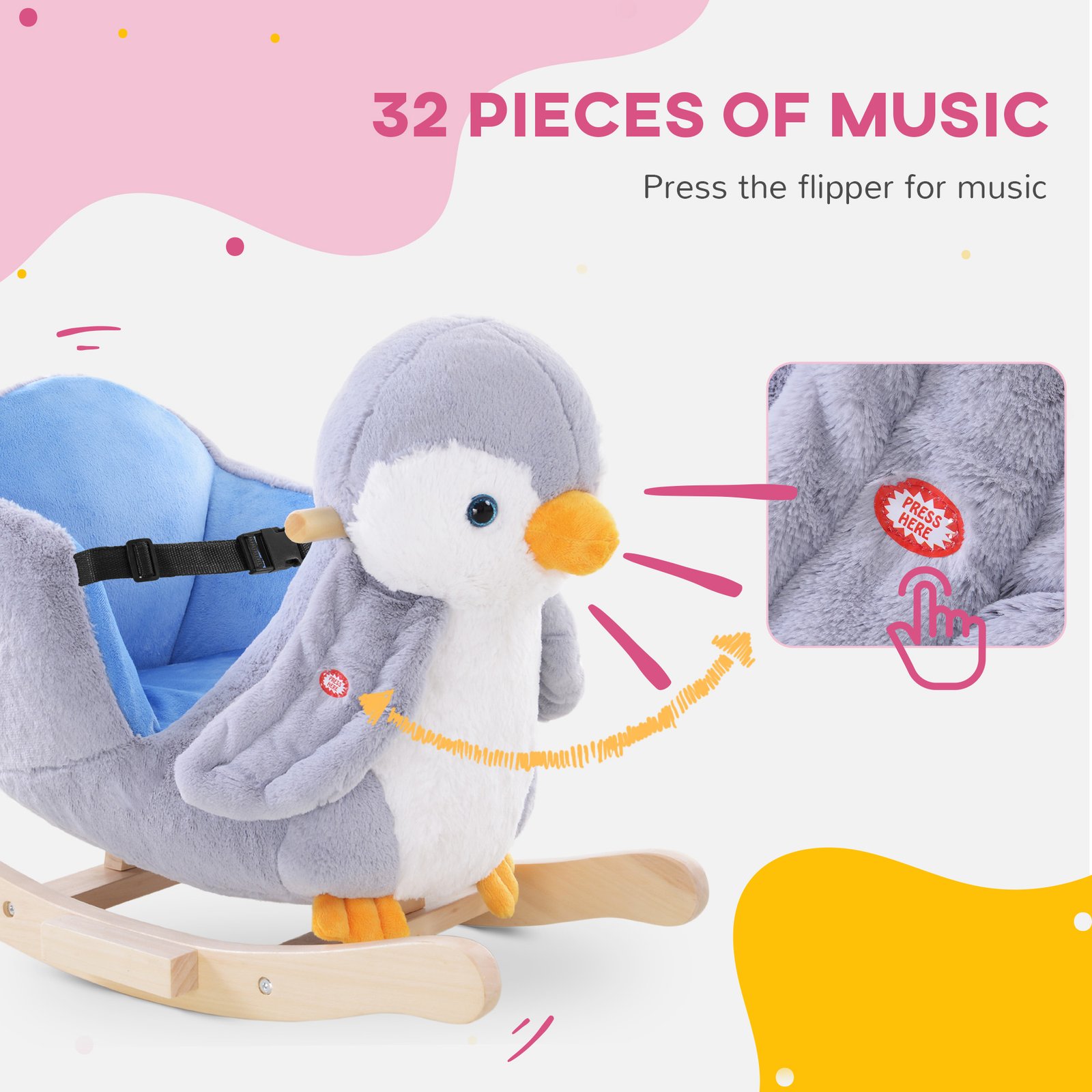 HOMCOM Children Kids Animal Rocking Horse Penguin Plush Musical Button 32 Songs Kid Rocker for 18+ Months - Image 4