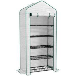 Outsunny 5 Tier Widened Mini Greenhouse with Reinforced PE Cover, Portable Indoor Outdoor Green House with Roll-up Door and Wire Shelves, 90 x 49 x 193cm, White