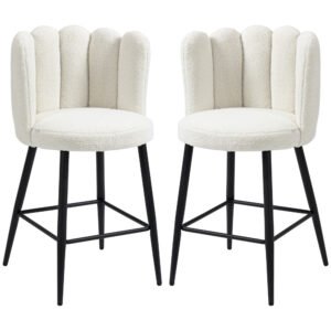HOMCOM Bar Stools Set of 2, Modern Boucle Upholstered Shell Barstools, Breakfast Bar Chairs with Backrest, Footrest and Steel Base for Kitchen Counter, Cream