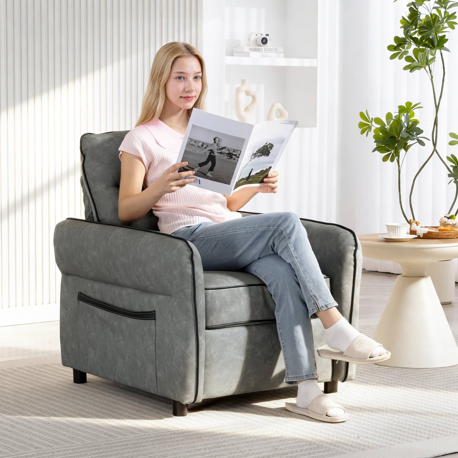 HOMCOM Accent Chair, Faux Leather Armchair - Grey - Image 2