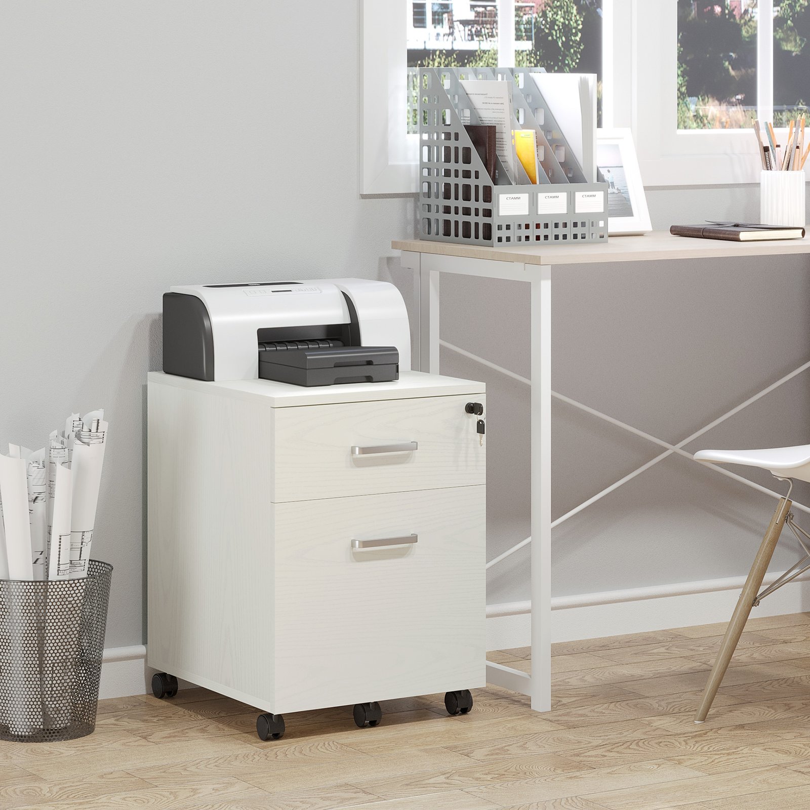 Vinsetto 2-Drawer Locking Office Filing Cabinet w/ 5 Wheels Rolling Storage Hanging A4 Cupboard Home Organisation White Wood Grain - Image 2