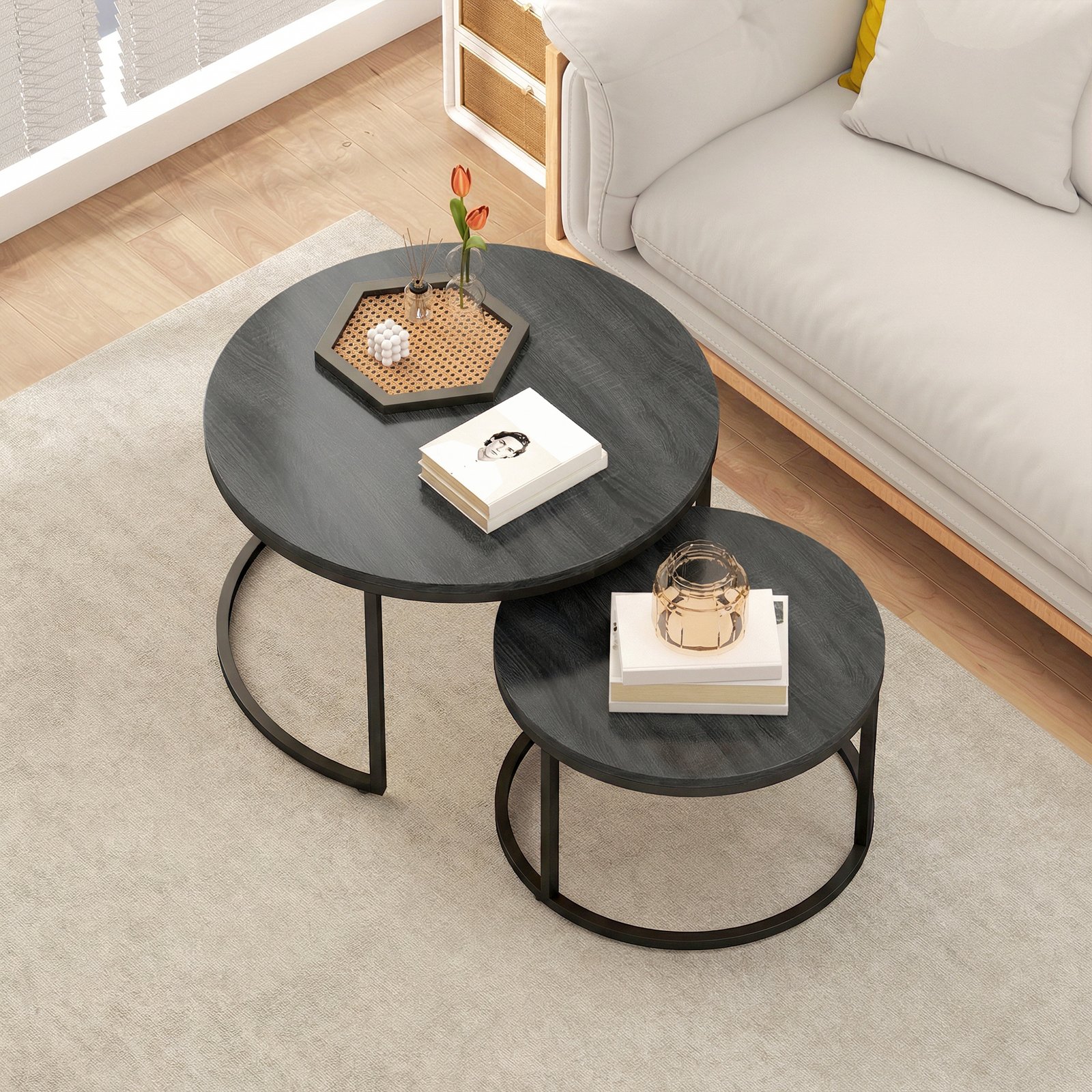 HOMCOM Set of Two Wood-Effect Stacking Tables - Black Wood Grain - Image 8