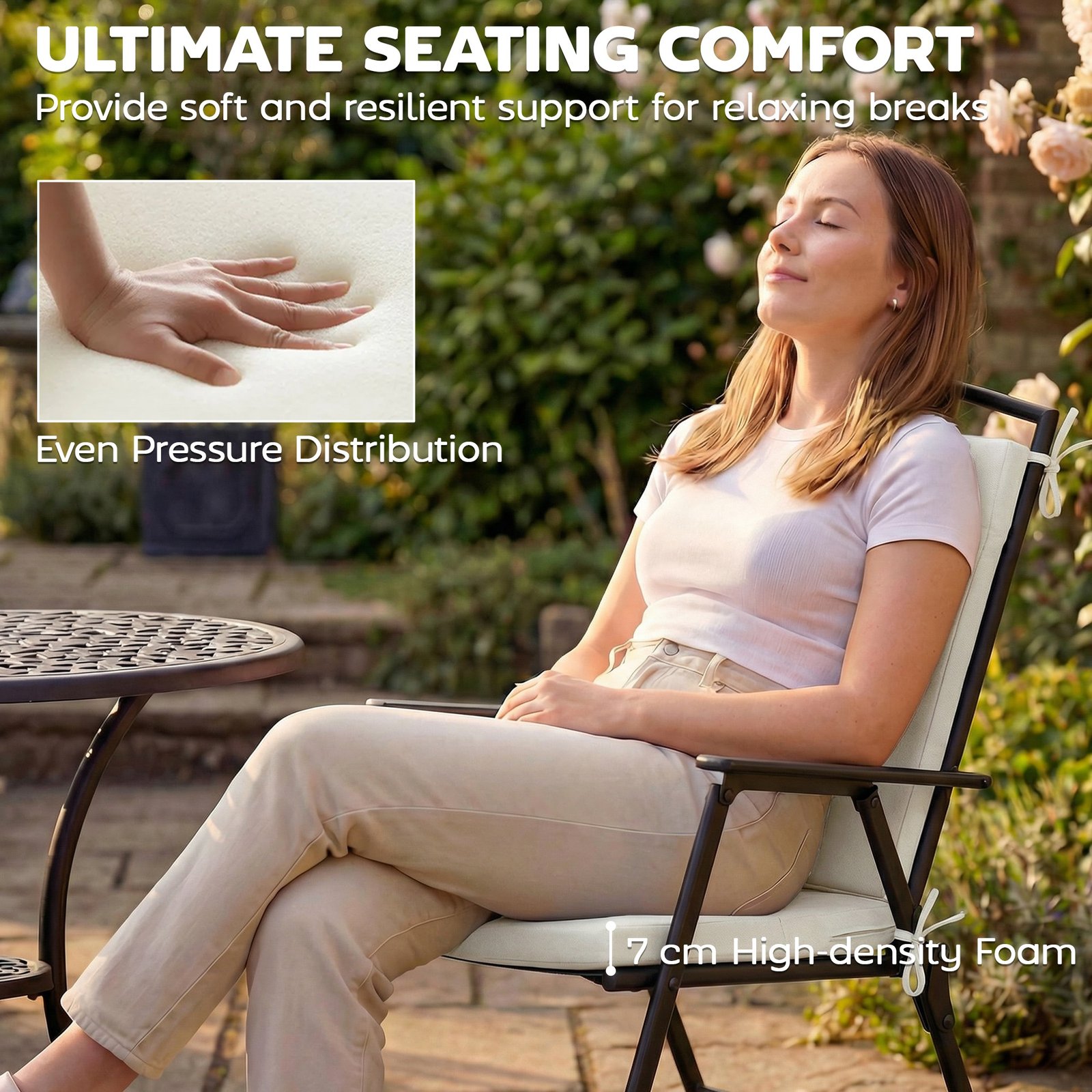 Outsunny Outdoor Seat Cushions Set of 2 with Ties, Waterproof Garden Seat Pads, Cream White - Image 4
