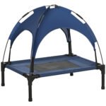 PawHut Outdoor Dog Bed with Removable Canopy, Portable Raised Dog Bed for Camping, Garden & Beach, Water-Resistant UV-Protection Mesh Pet Cot Sun Lounger, for Small Pets, 61 x 46 x 62 cm, Dark Blue