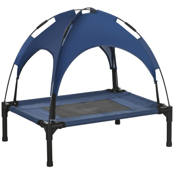 PawHut Outdoor Dog Bed with Removable Canopy, Portable Raised Dog Bed for Camping, Garden & Beach, Water-Resistant UV-Protection Mesh Pet Cot Sun Lounger, for Small Pets, 61 x 46 x 62 cm, Dark Blue