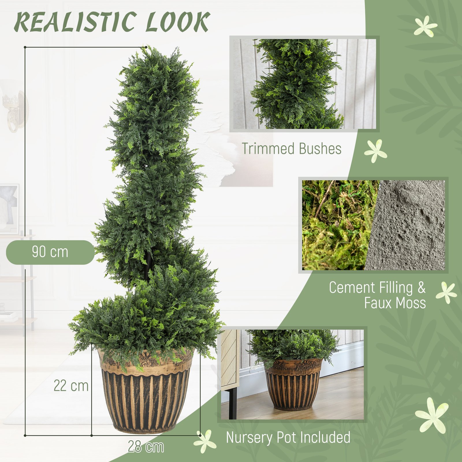 HOMCOM Set of 2 Artificial Plants, Topiary Spiral Boxwood Cypress Trees with Pot, for Home Indoor Outdoor Decor, 90cm - Image 4