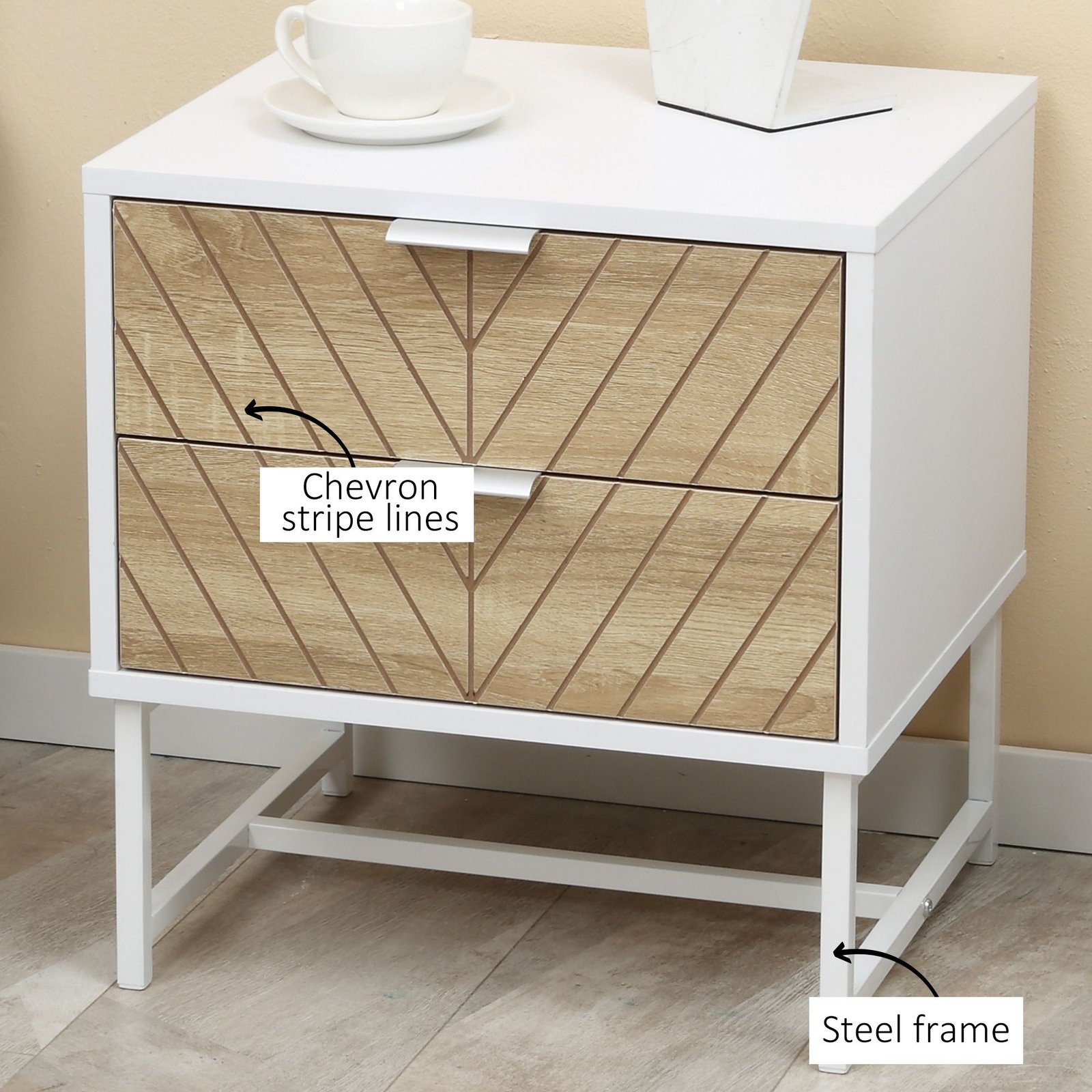 HOMCOM Modern Bedside Table with 2 Drawers and Metal Frame, Sofa Side Table for Bedroom Living Room, Set of 2, White and Oak - Image 6