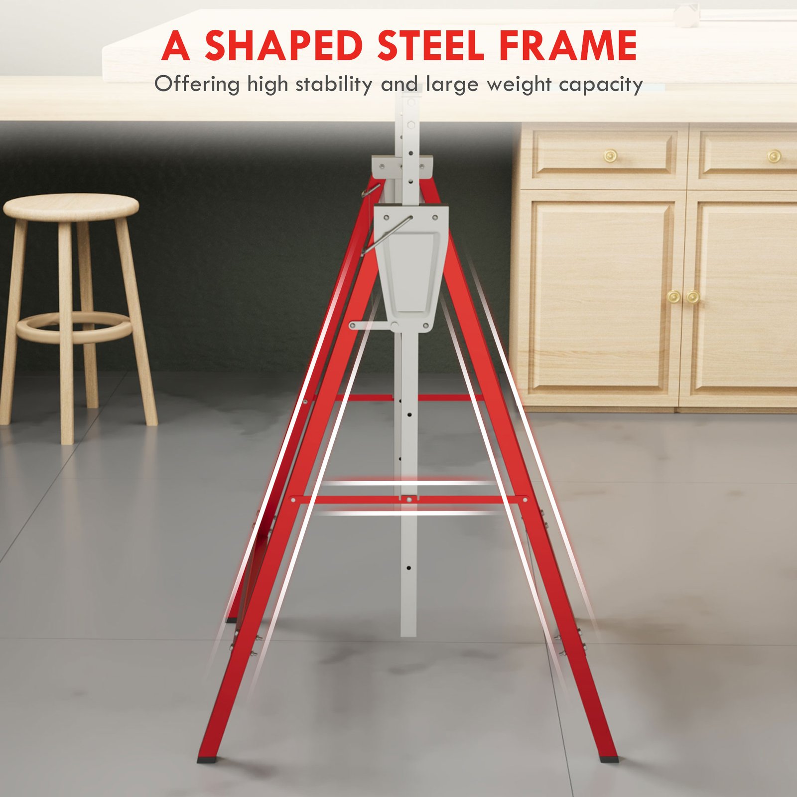 HOMCOM Set of 2 Adjustable Telescopic Builders Trestle, DIY Steel Work Bench Carpenter, Folding Saw Horse Tools Red - Image 5