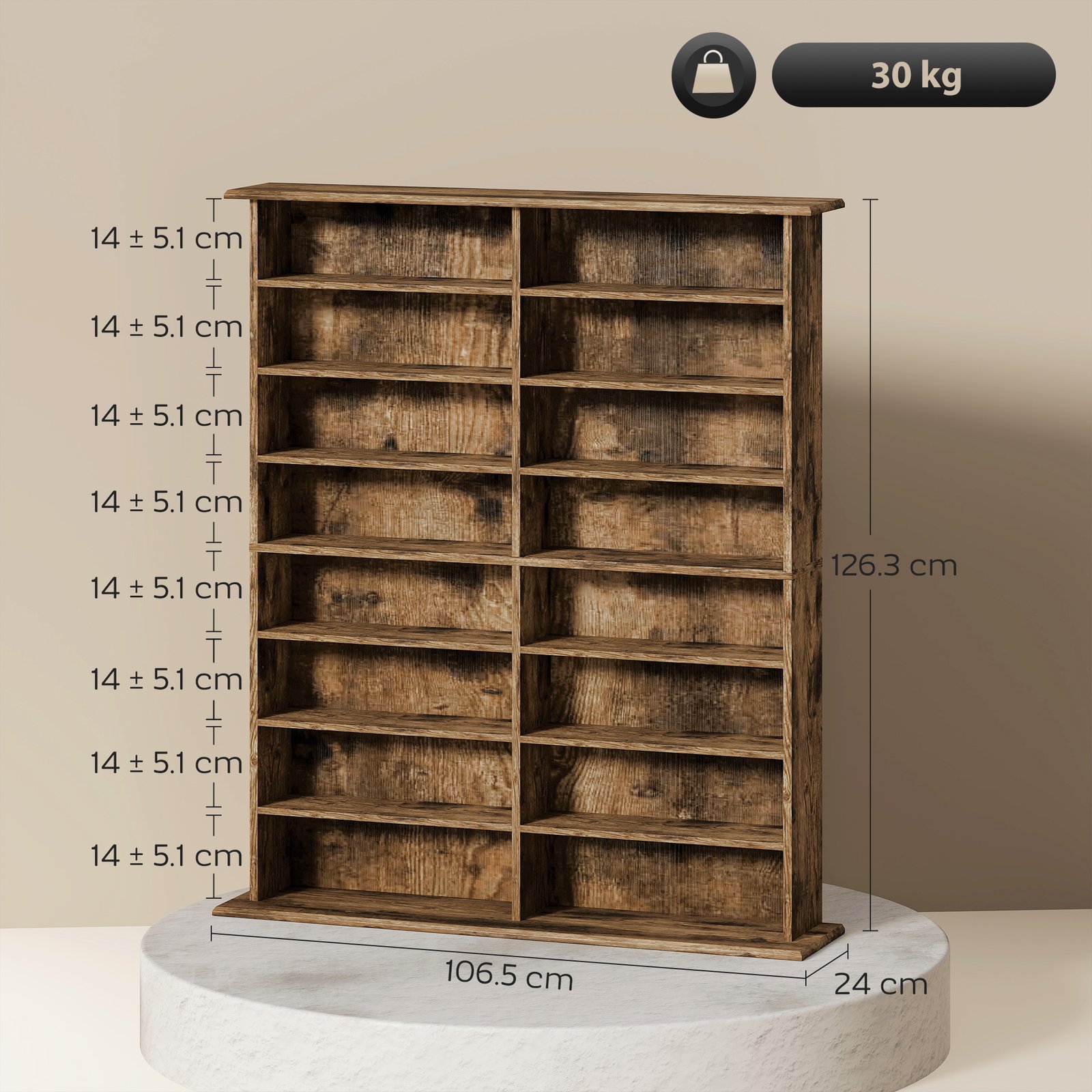HOMCOM 16-Compartment Media Shelf - Rustic Brown - Image 3