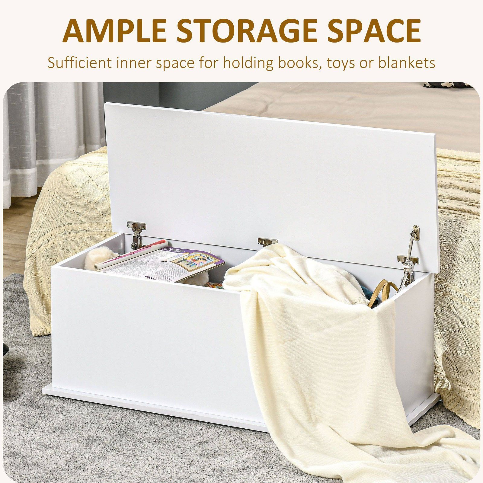 HOMCOM 113L Storage Chest, Storage Box with Flip-Top Lid and 2 Safety Hinges, Storage Trunk for Living Room, Entryway, 100 x 40 x 40 cm, White - Image 4