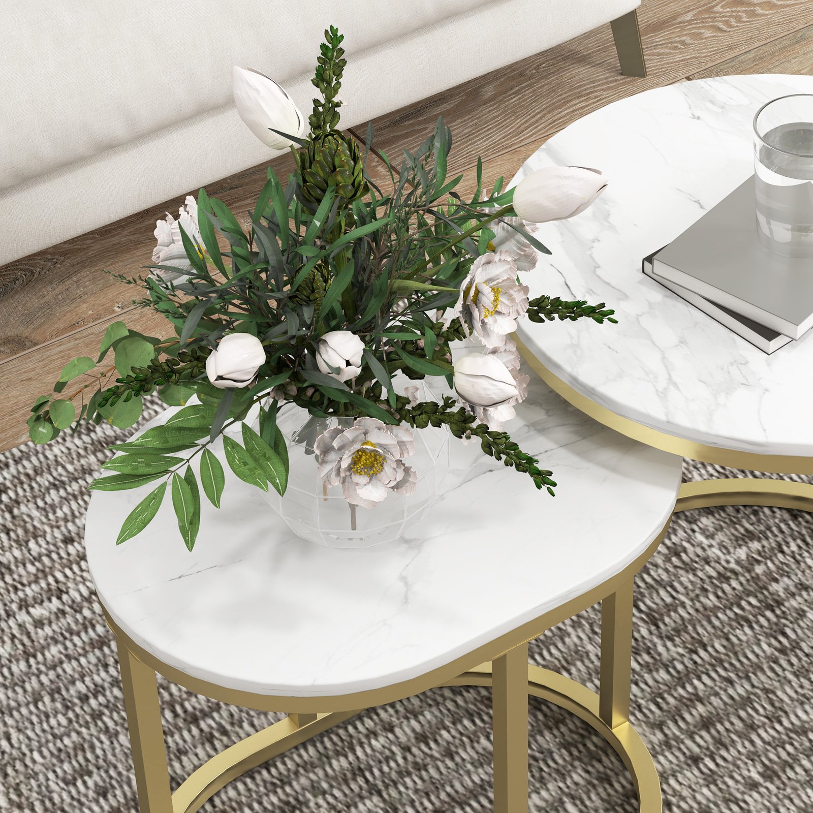 HOMCOM Marble-Effect Nest of Tables - Gold Tone/White - Image 9