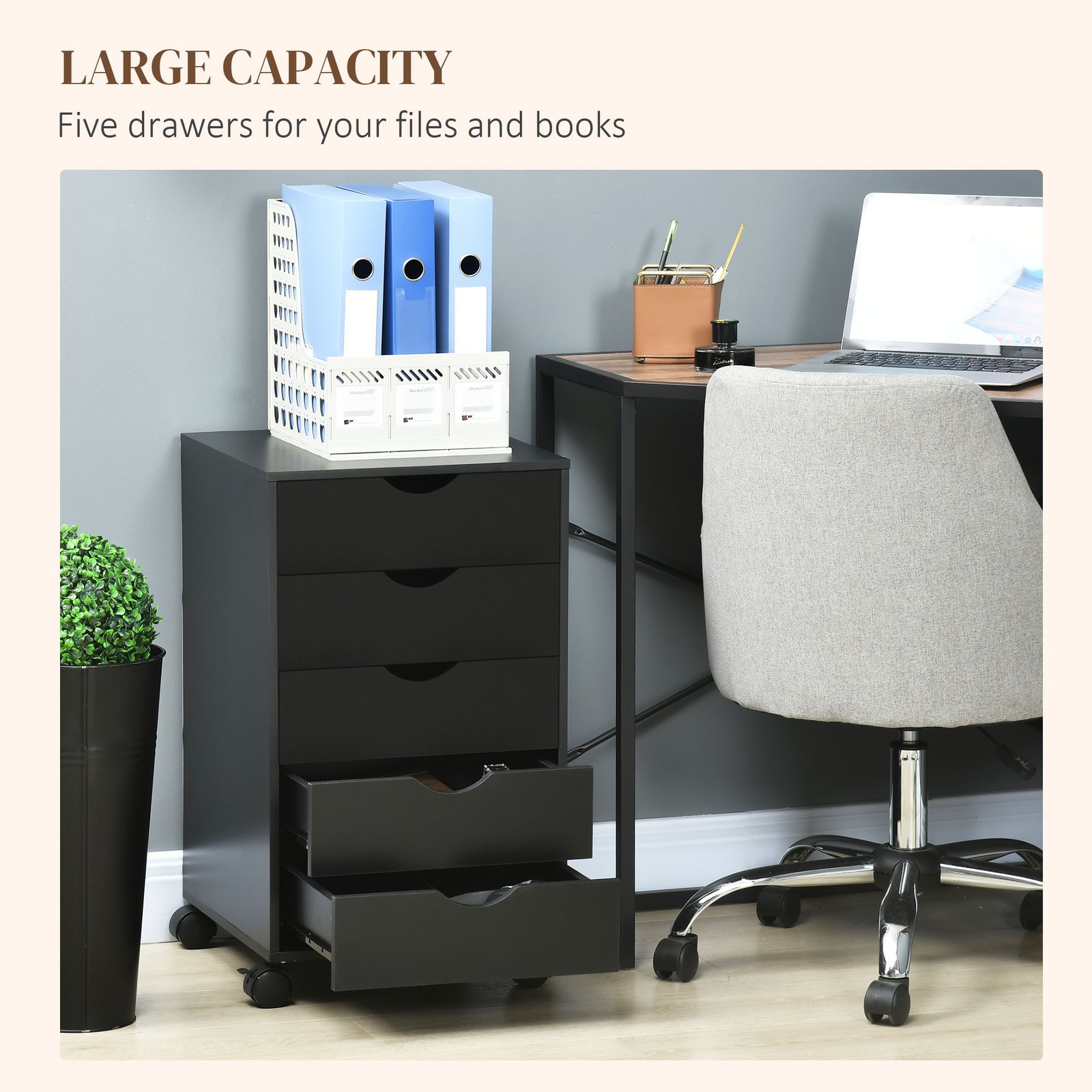 HOMCOM 5 Drawer Mobile Filing Cabinet, Vertical File Cabinet, Modern Rolling Office Storage Organizer Cupboard, Black - Image 4