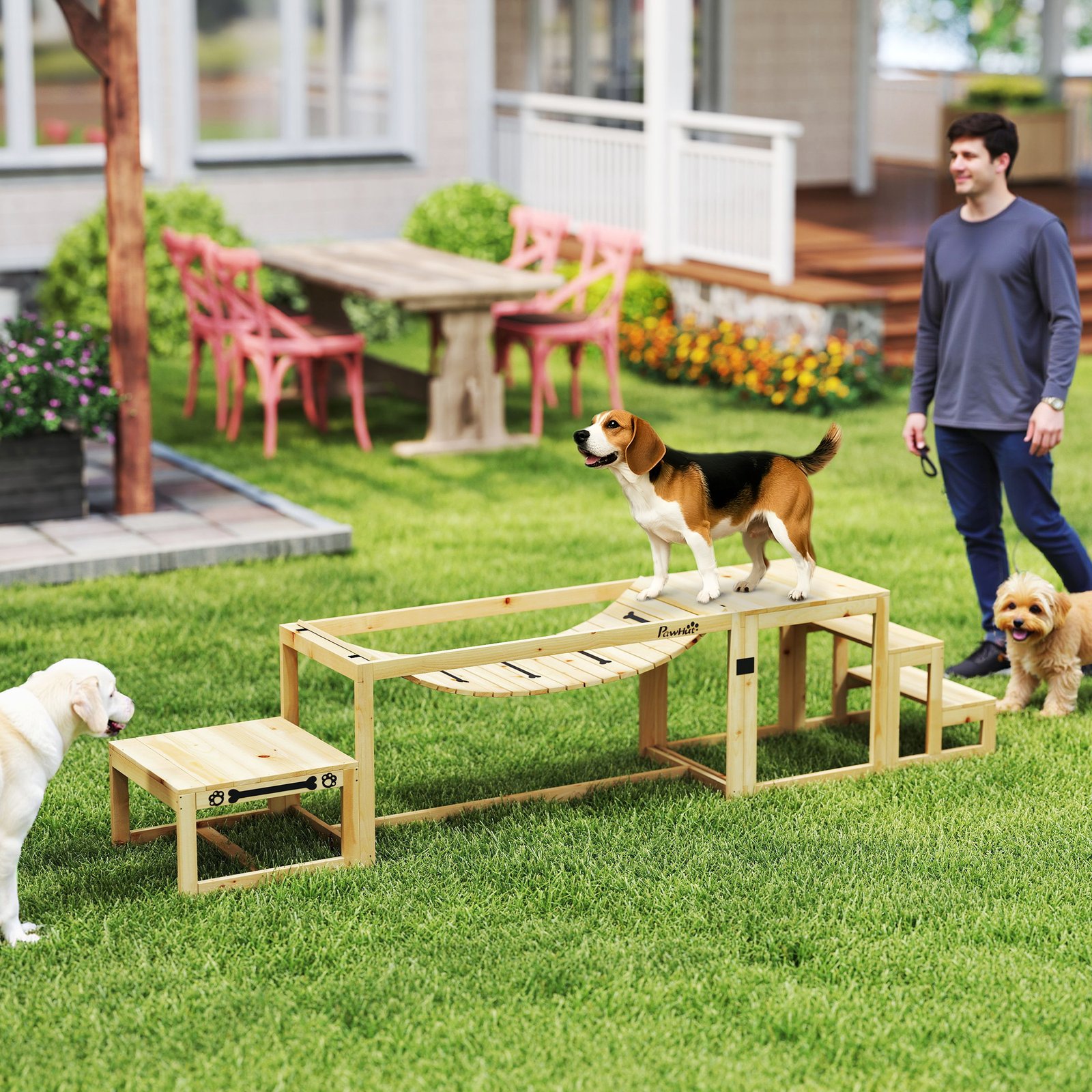 PawHut 3 Pieces Wooden Dog Agility Training Equipment with Soft Bridge, Pause Platform and Pet Stair for Outdoor, Natural Wood - Image 2