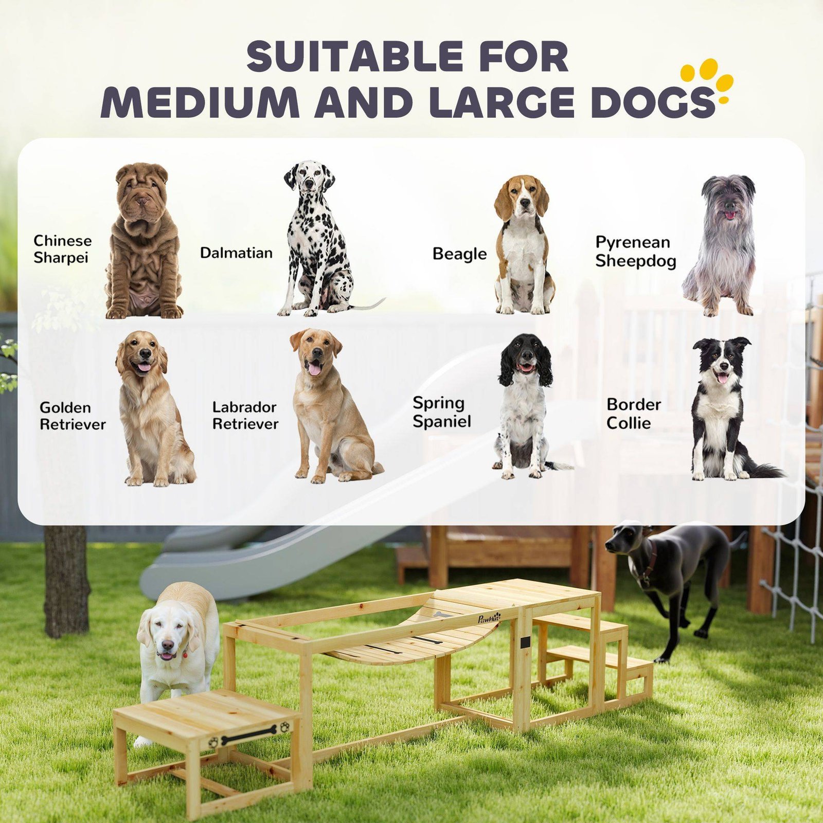 PawHut 3 Pieces Wooden Dog Agility Training Equipment with Soft Bridge, Pause Platform and Pet Stair for Outdoor, Natural Wood - Image 6