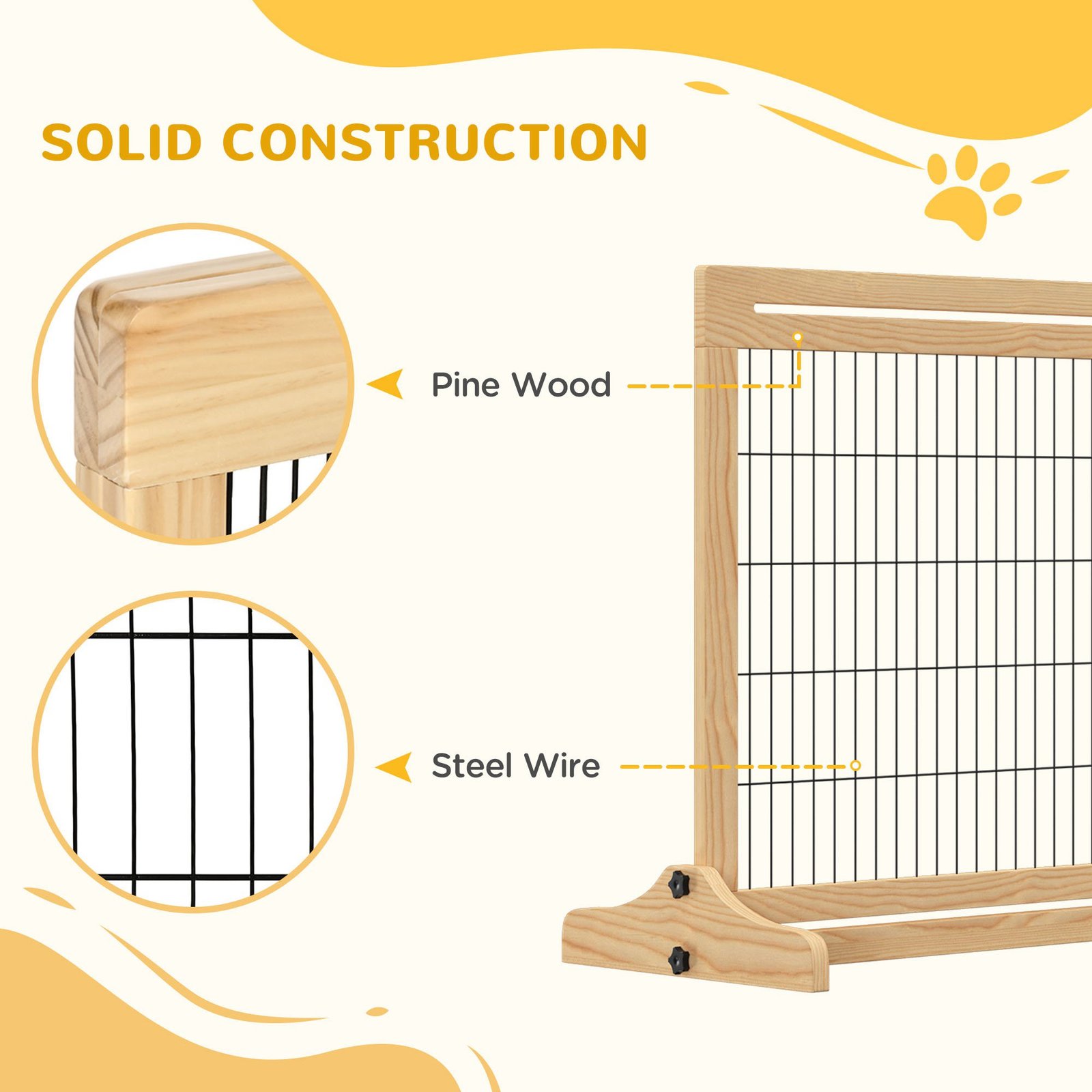 PawHut Freestanding Dog Gate, Foldable Pet Fence, Indoor Wood Barrier, Stair Gate with Support Feet, for Doorway, Hallway, Small and Medium Dogs, 69H x 104-180 cm, Natural Wood Finish - Image 6