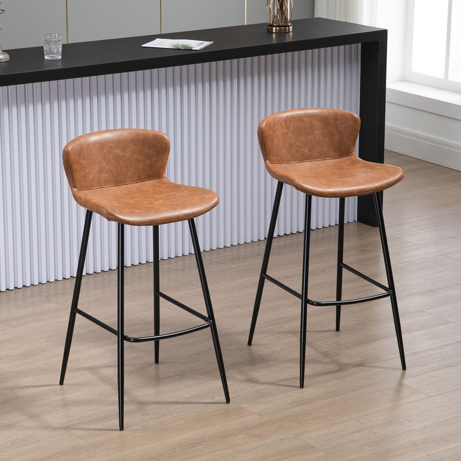 HOMCOM Bar Stools Set of 2, PU Leather Upholstered Bar Chairs, Breakfast Kitchen Counter Chairs with Backs, Steel Legs and Footrests for Dining Room, Brown - Image 2