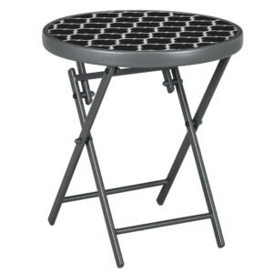 Outsunny ?45cm Garden Side Table, Outdoor Round Folding Patio Table with Imitation Marble Glass Top, Small Coffee Table, Black and White