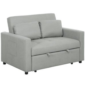 HOMCOM Loveseat Sofa Bed, Convertible Bed Settee with 2 Pillows, Side Pockets, Light Grey