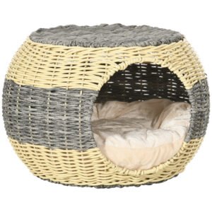PawHut Wicker Cat House, Rattan Raised Cat Bed, Cosy Kitten Cave with Soft Washable Cushion, ?40 x 30cm