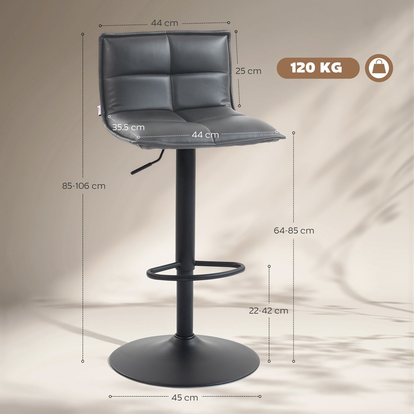 HOMCOM Set of Two Modern Faux Leather Bar Stools - Dark Grey - Image 3