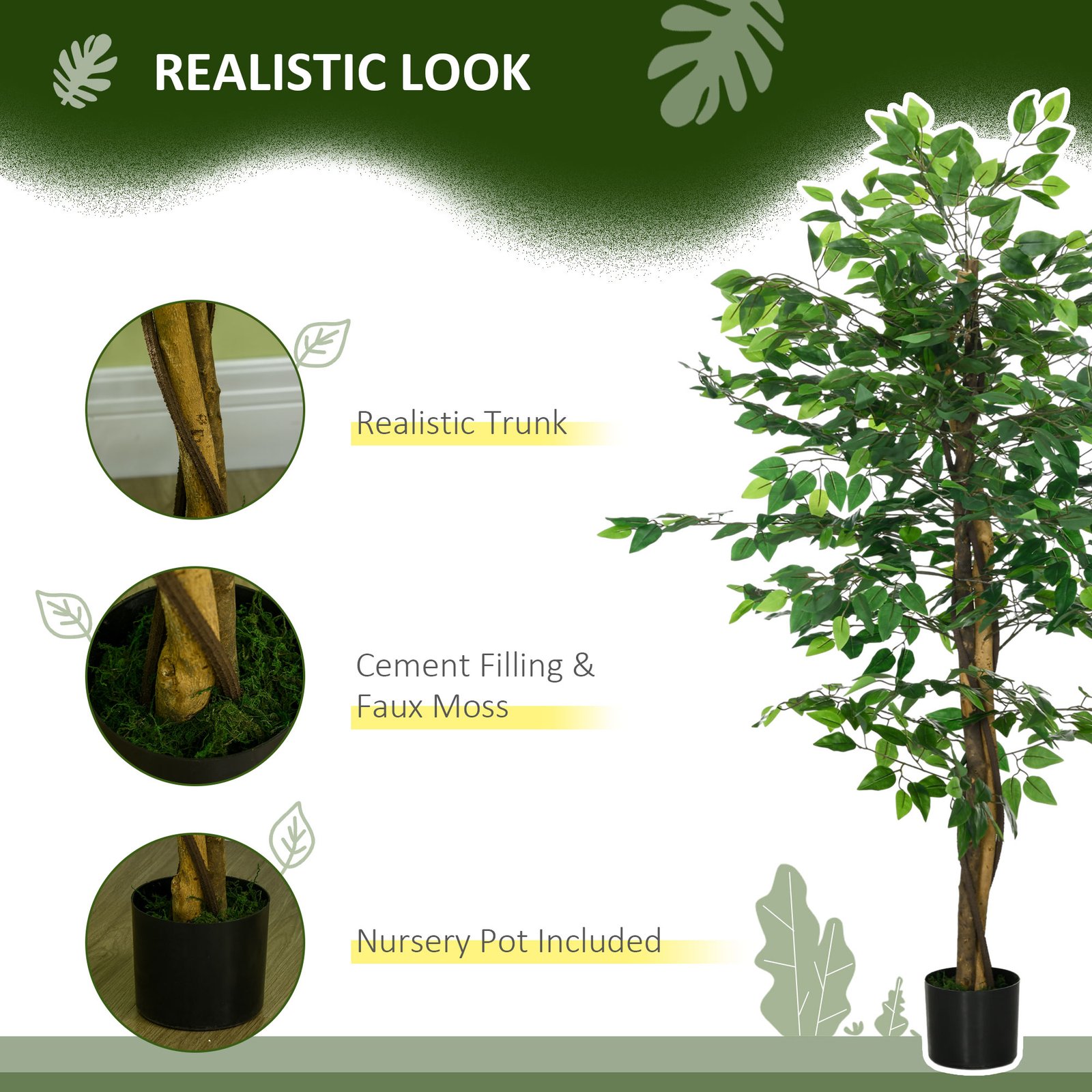HOMCOM Artificial Ficus Tree, with Weighted Plant Pot - Green - Image 4