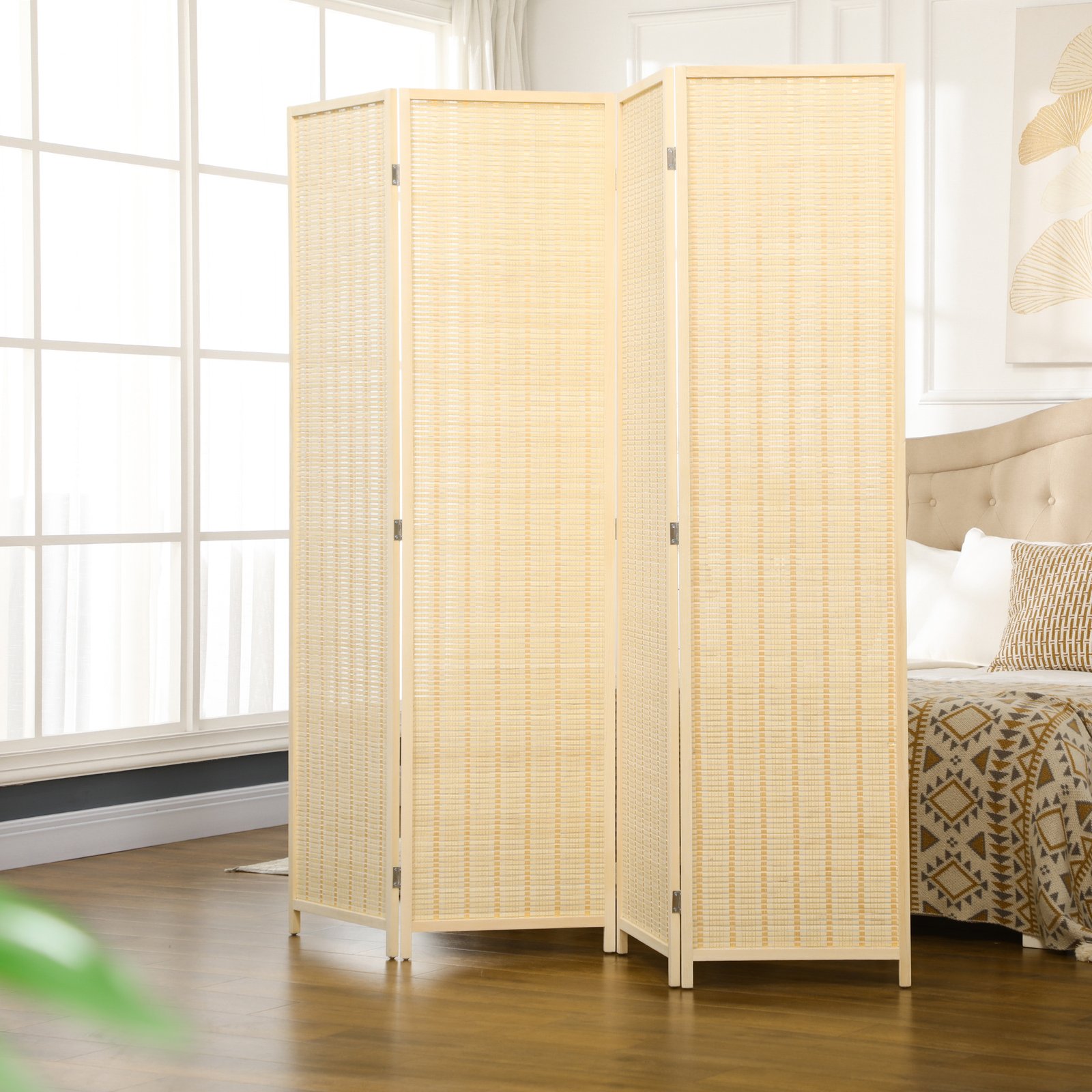 HOMCOM 4 Panel Folding Room Divider Screen, Wall Panel Privacy Furniture, Freestanding Paravent Partition Separator for Living Room, Bedroom and Office, 180 x 180cm, Natural - Image 2