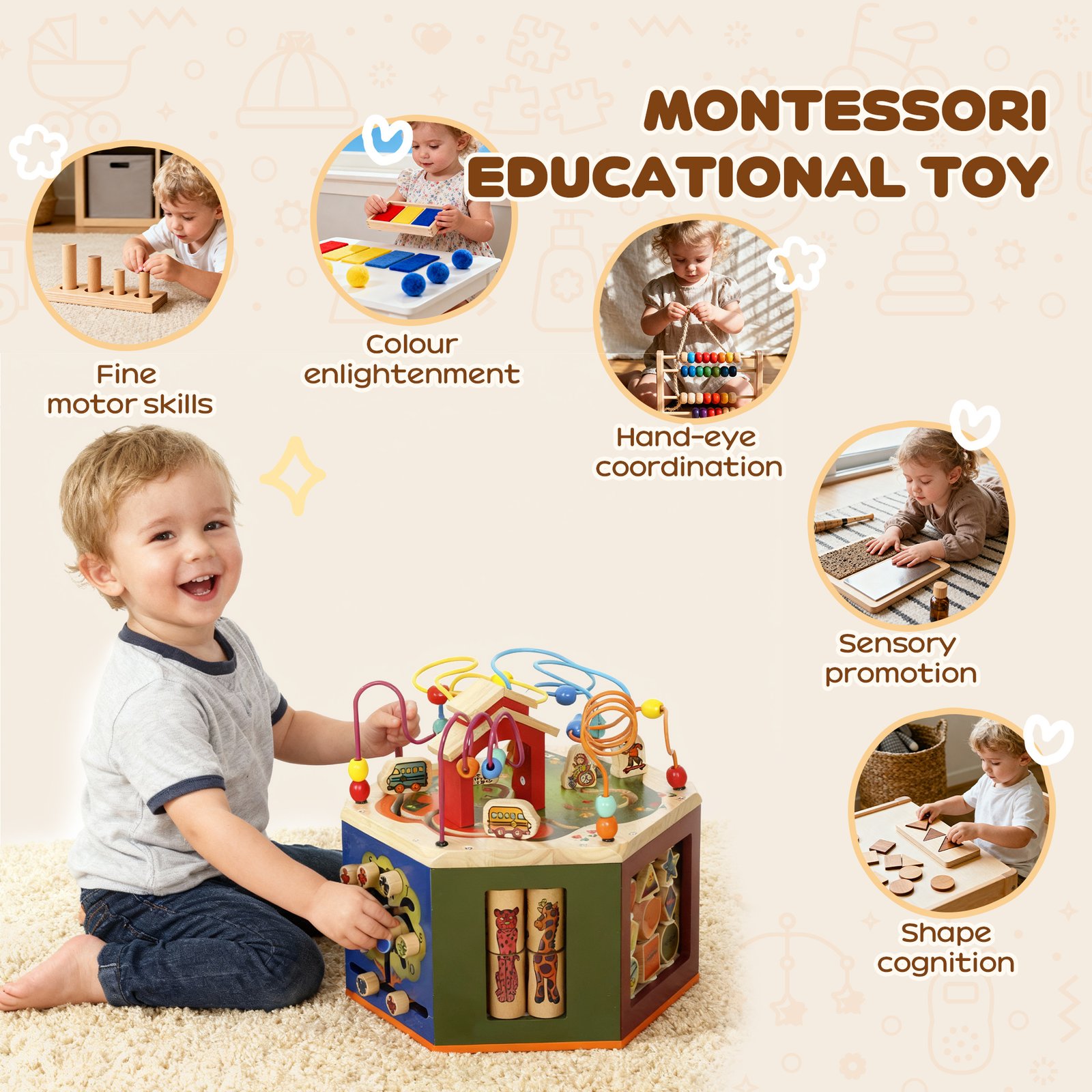 AIYAPLAY 8 in 1 Wooden Activity Cube with Bead Maze, Shape Sorter, for Kids Boys Girls 18+ Months - Image 6