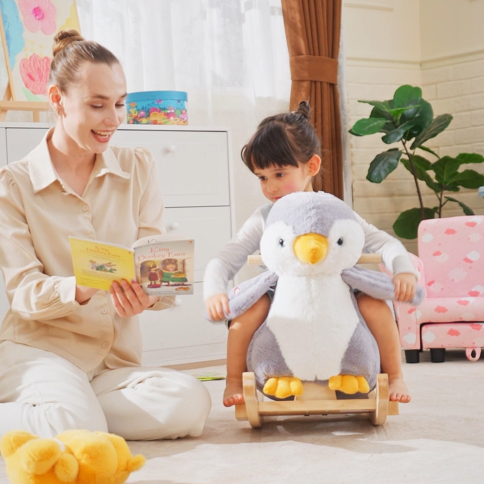 HOMCOM Children Kids Animal Rocking Horse Penguin Plush Musical Button 32 Songs Kid Rocker for 18+ Months - Image 8