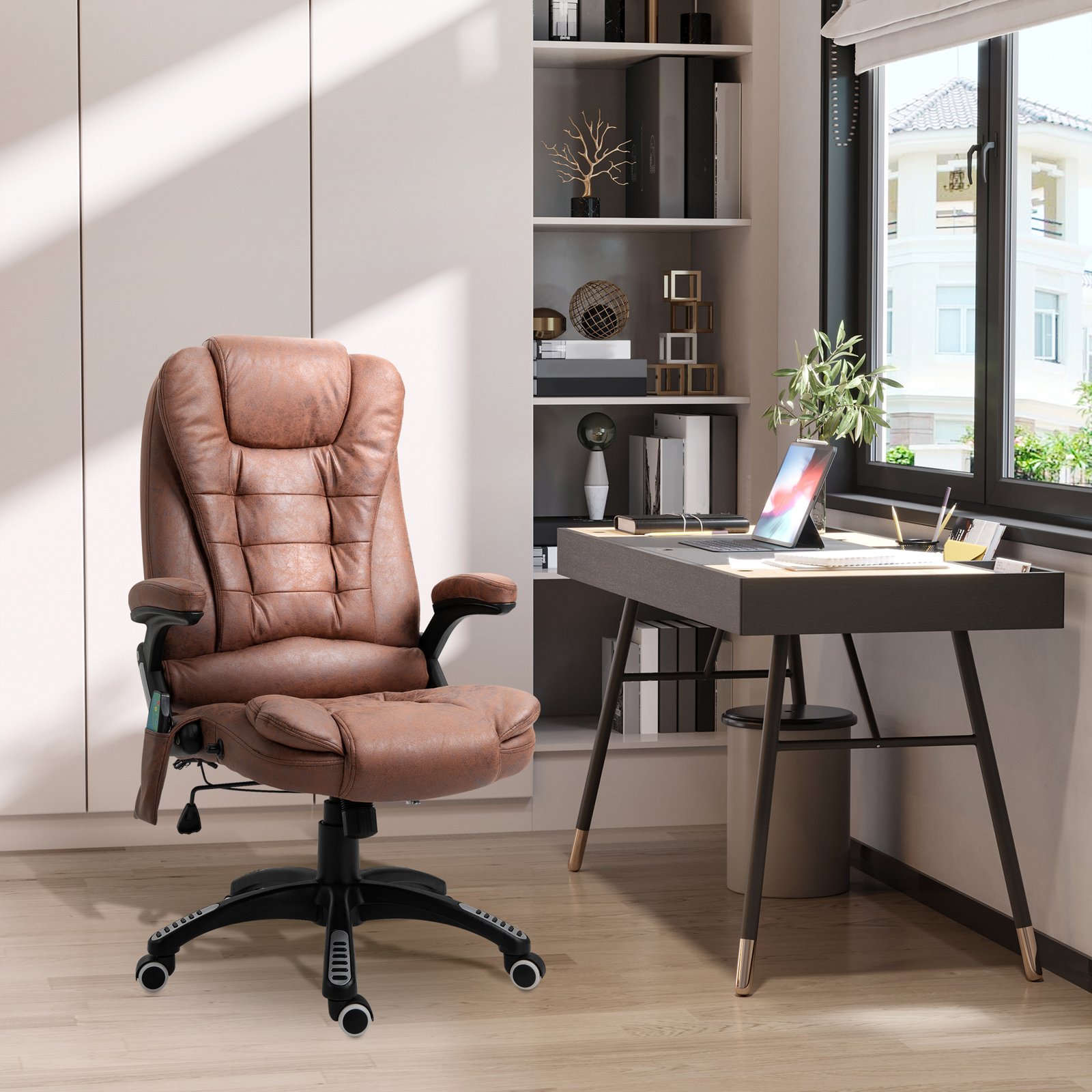 Vinsetto Massage Recliner Chair Heated Office Chair with Six Massage Points Microfiber Cloth 360° Swivel Wheels Brown - Image 2