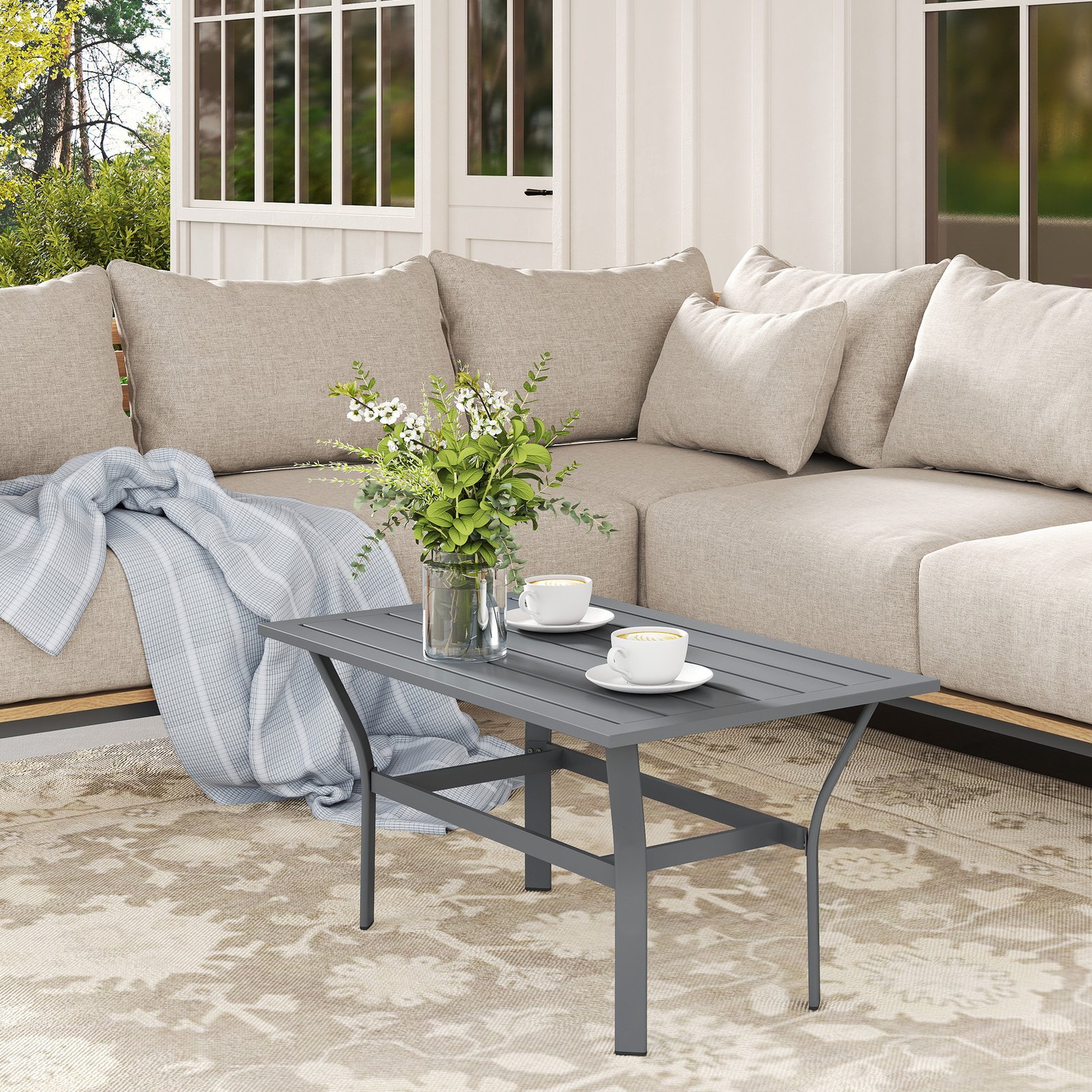 Outsunny Metal Garden Coffee Table, Rectangular Outdoor Side Table with Slatted Tabletop, Foot Pads for Outside, Garden, Balcony, Porch, 91.5 x 55 x 45cm, Dark Grey - Image 7