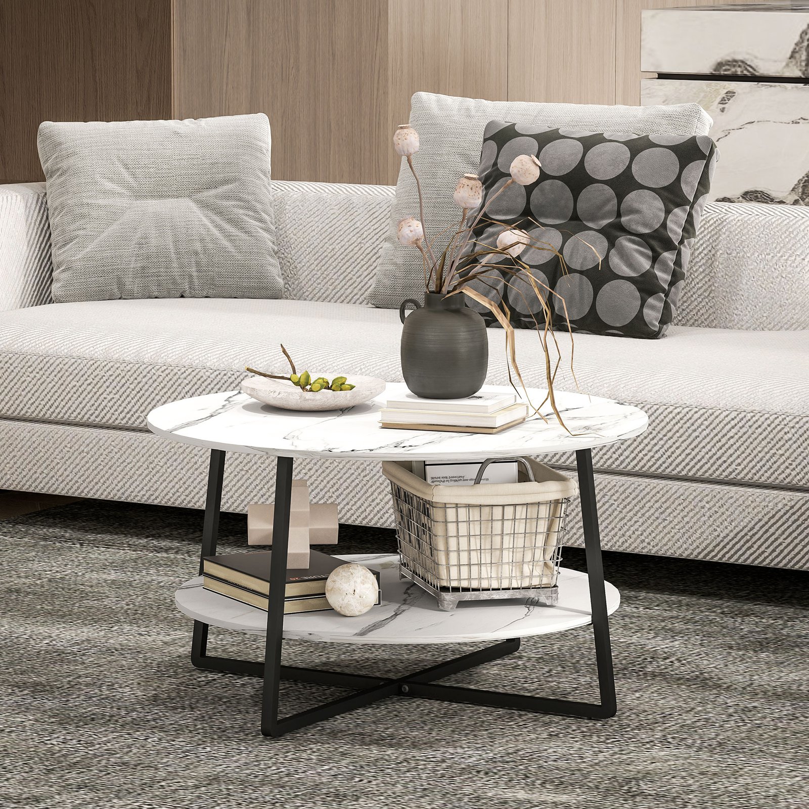 HOMCOM Two-Tier Marble-Effect Coffee Table - White/Black - Image 9