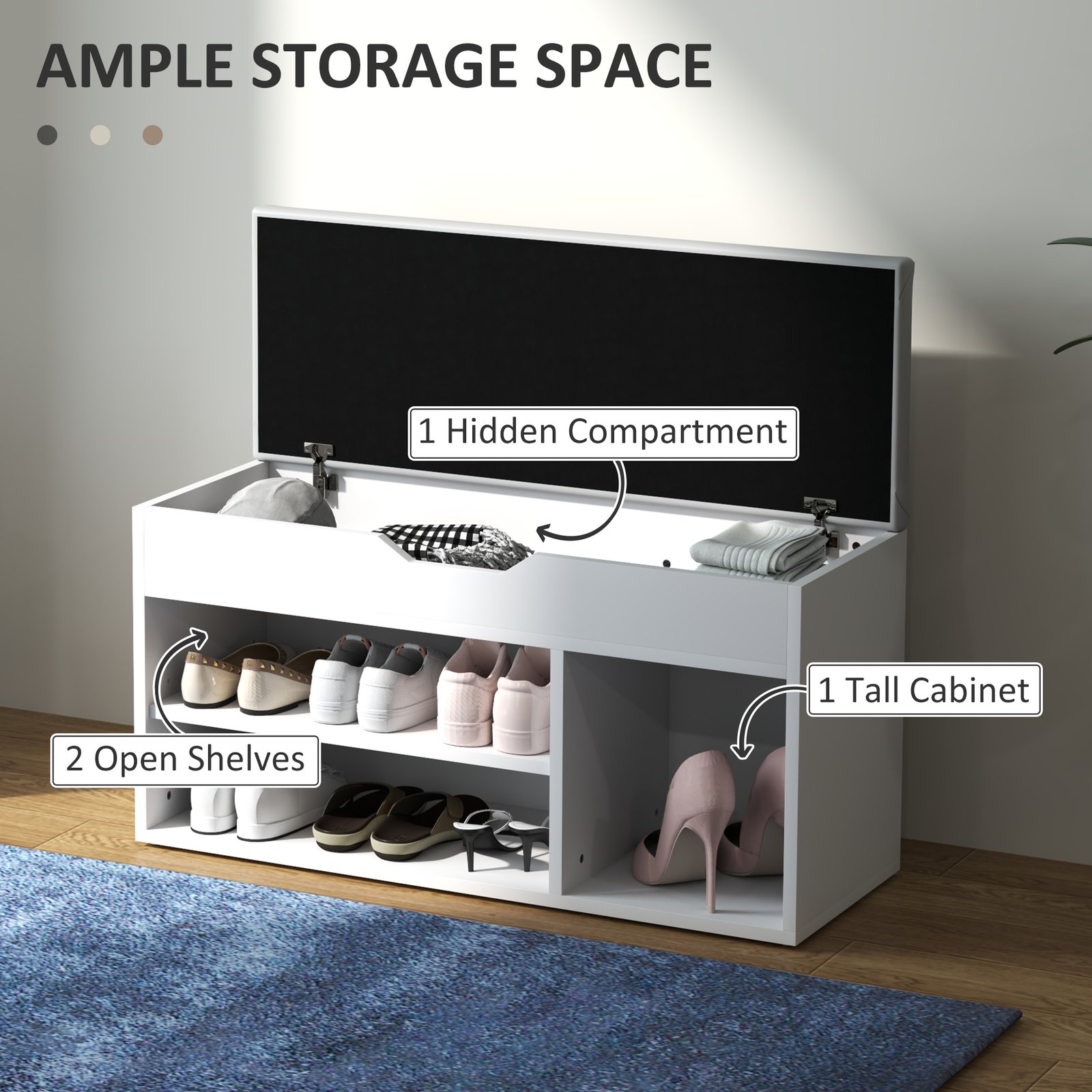 HOMCOM Shoes Cabinet Bench Hidden Storage Padded Seat Organiser Footwear Rack Hallway Cream White - Image 5