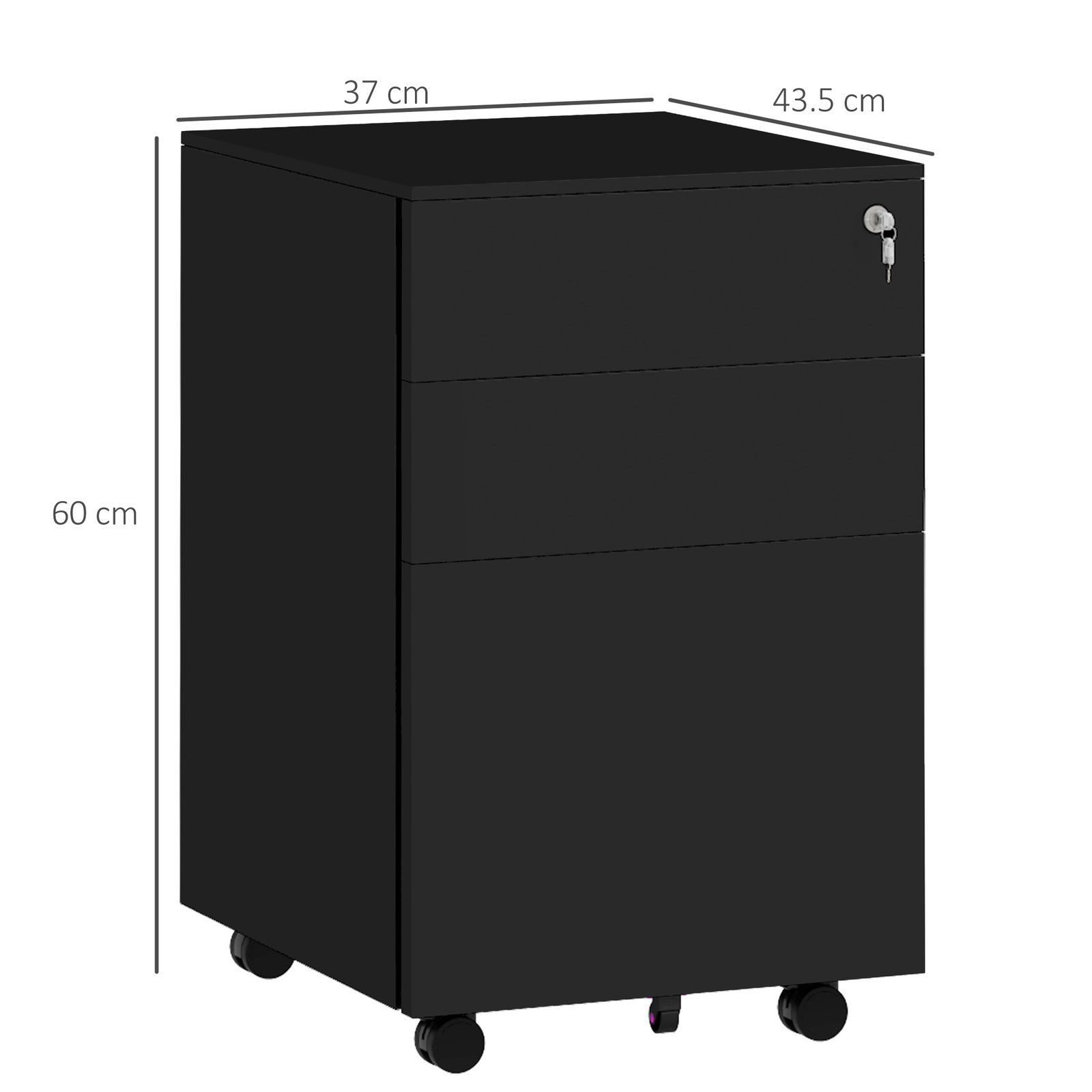 Vinsetto 3-Drawer Vertical Filing Cabinet with Pencil Tray, Lock and 5 Wheels, Steel Mobile File Cabinet, for A4, Legal and Letter Size, Pre-Assembled Body, Black - Image 3