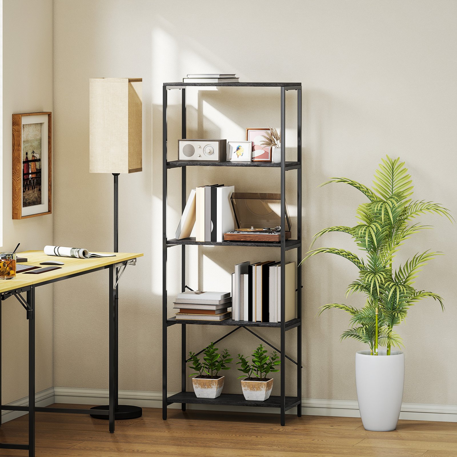 HOMCOM 5-Tier Bookshelf, Industrial Bookcase with Metal Frame - Dark Grey and Black - Image 7