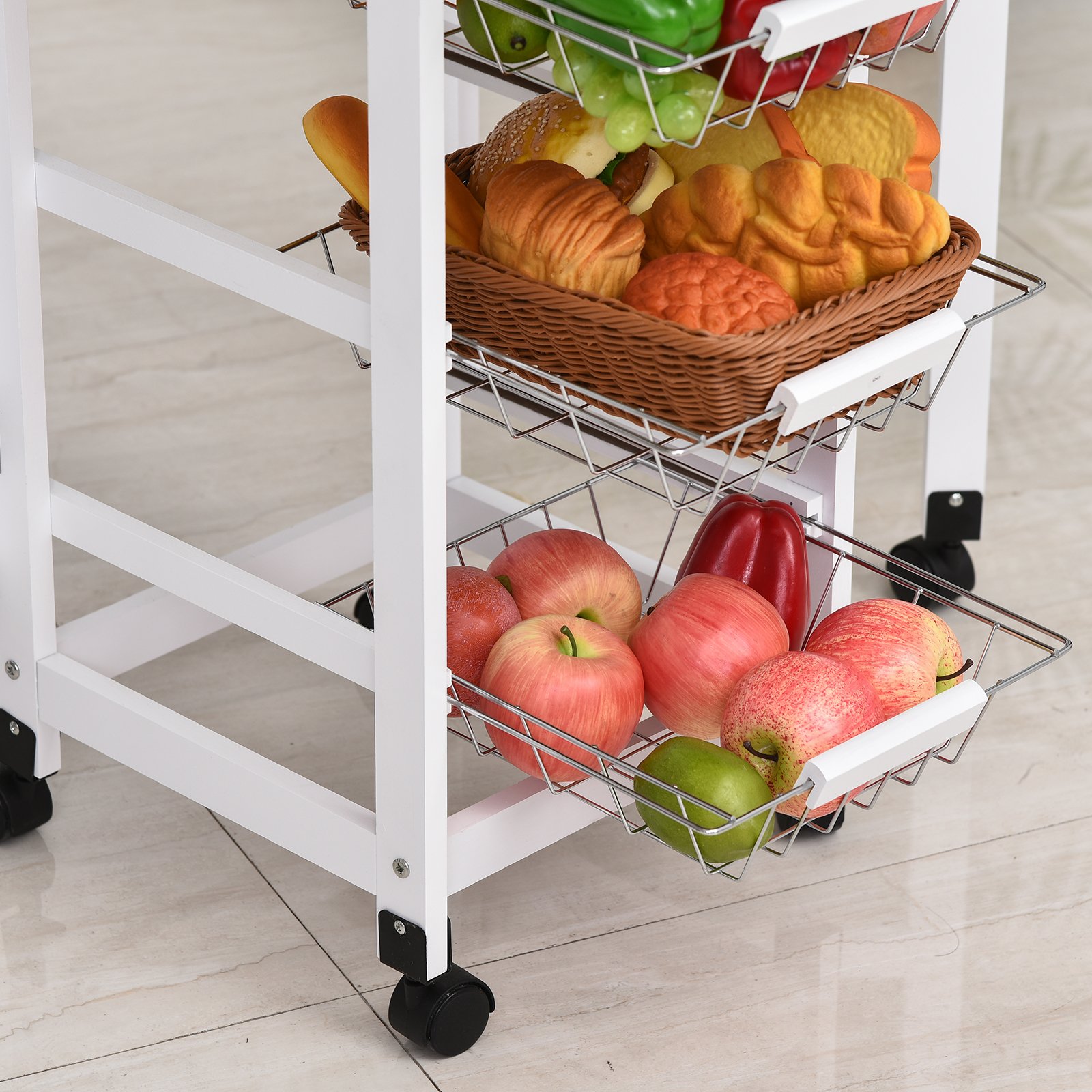 HOMCOM Drop-Leaf Kitchen Cart Trolley w/ 3 Baskets Drawer Surface Top 6 Universal Wheels Rolling Storage Unit Kitchen Home Dining Island White Oak Tone - Image 7