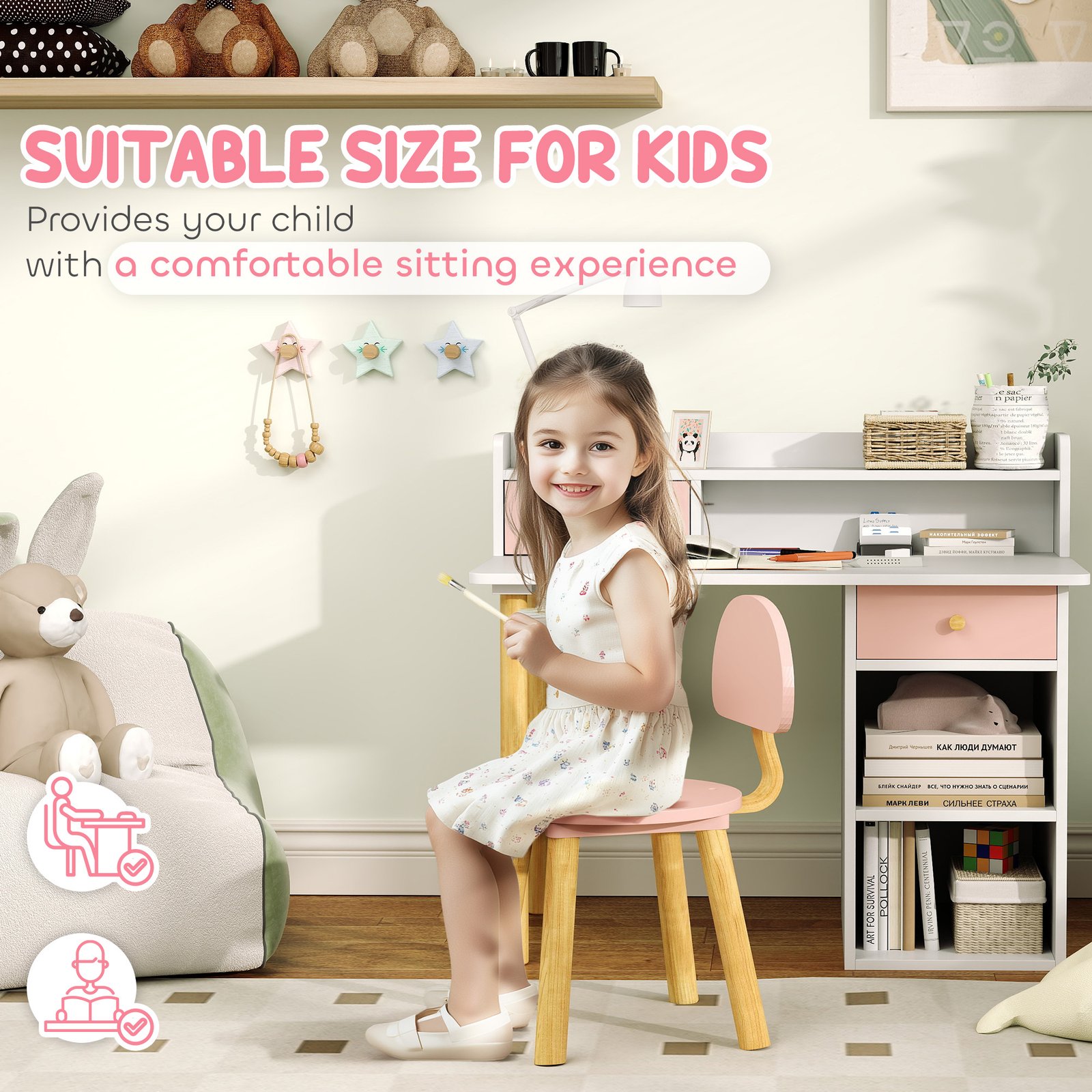 AIYAPLAY 2 Pieces Children Study Table with Hutch, Kids Desk and Chair Set with Storage, Drawer, Shelves, Pink - Image 6