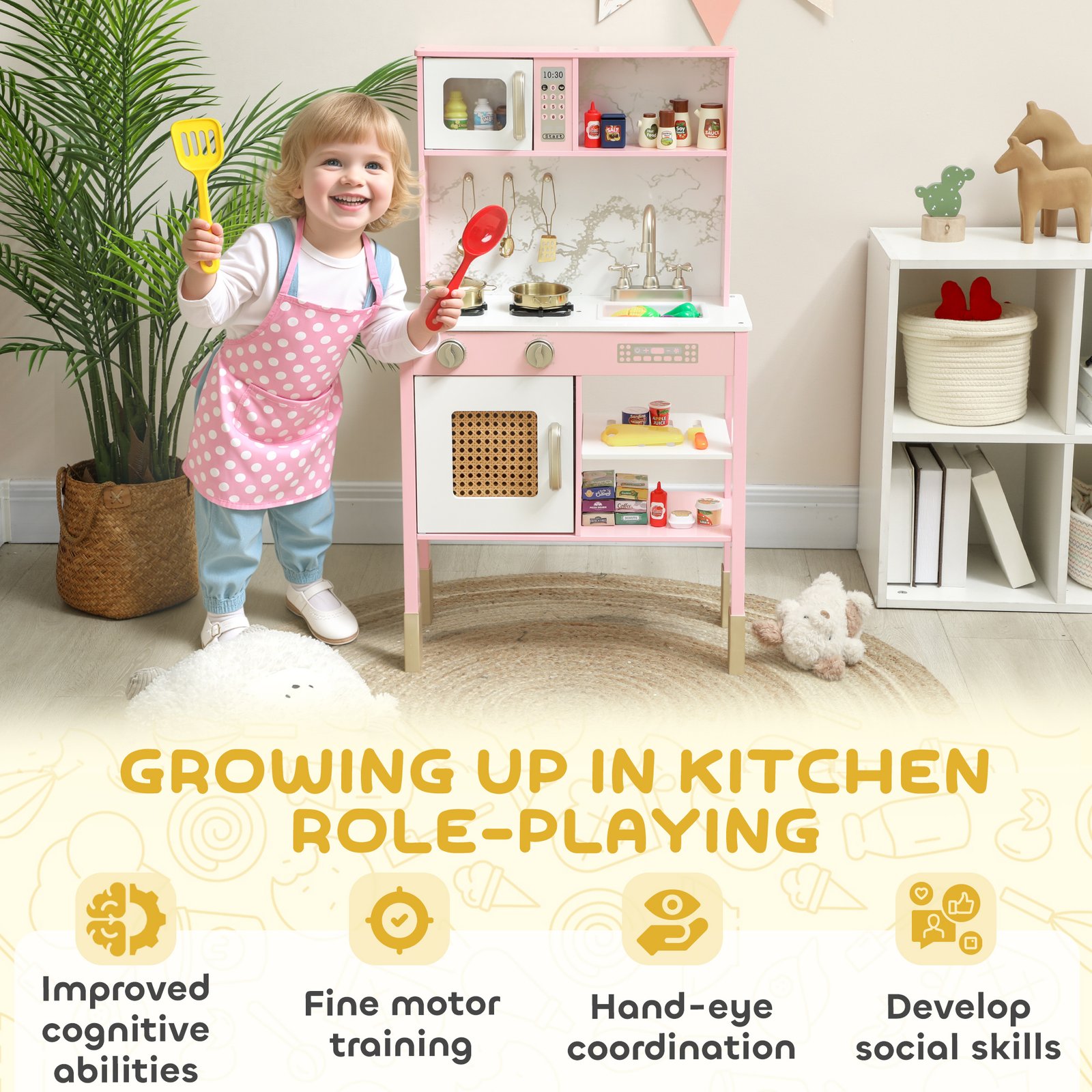 AIYAPLAY Kitchen Playset with Pretend Play Cooking Accessories, Play Kitchen with Oven, Microwave and Sink, Pink - Image 8