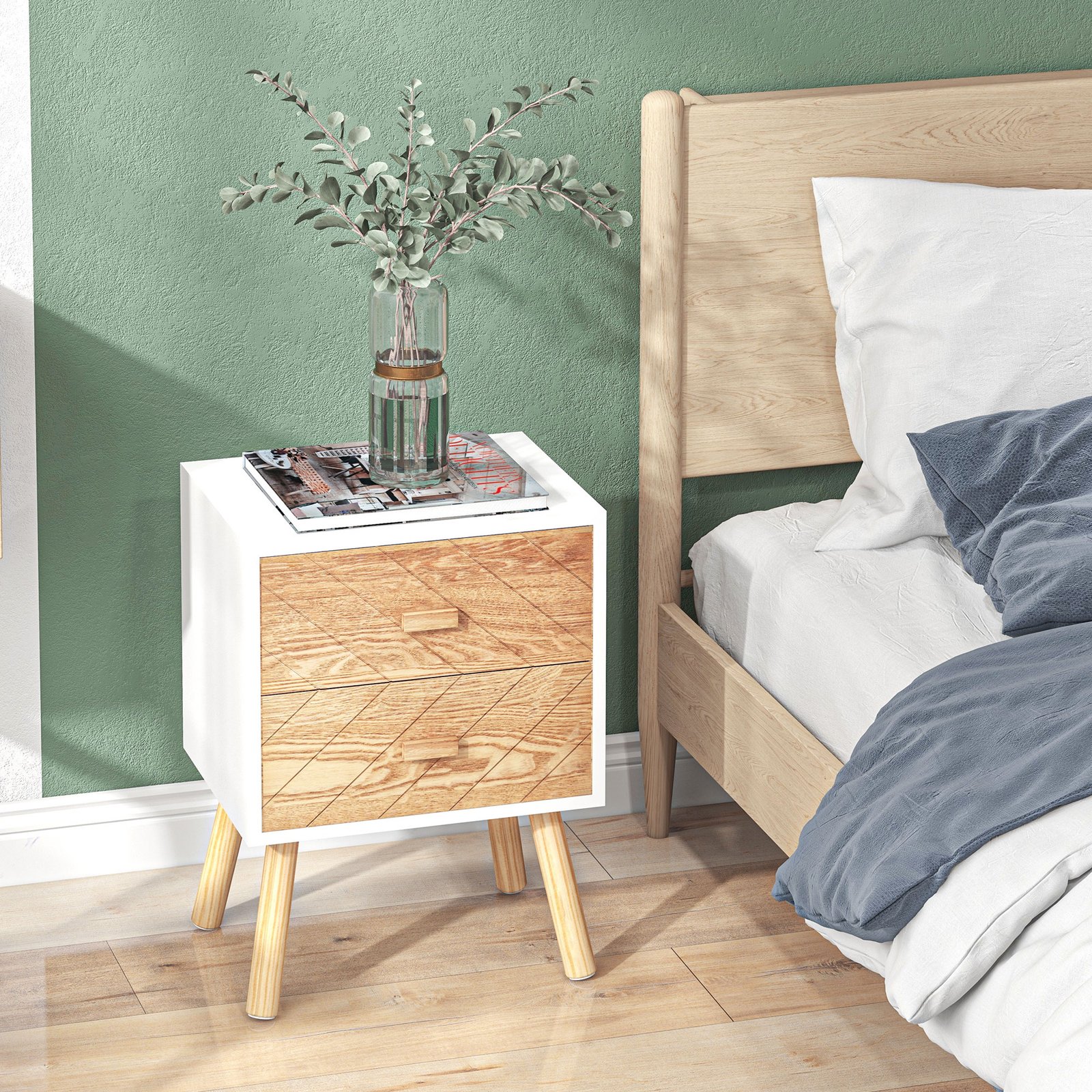 HOMCOM 2 Drawers Bedside Table with Pine Legs, Bedroom Wooden Storage Cabinet, Set of 2, Natural - Image 6