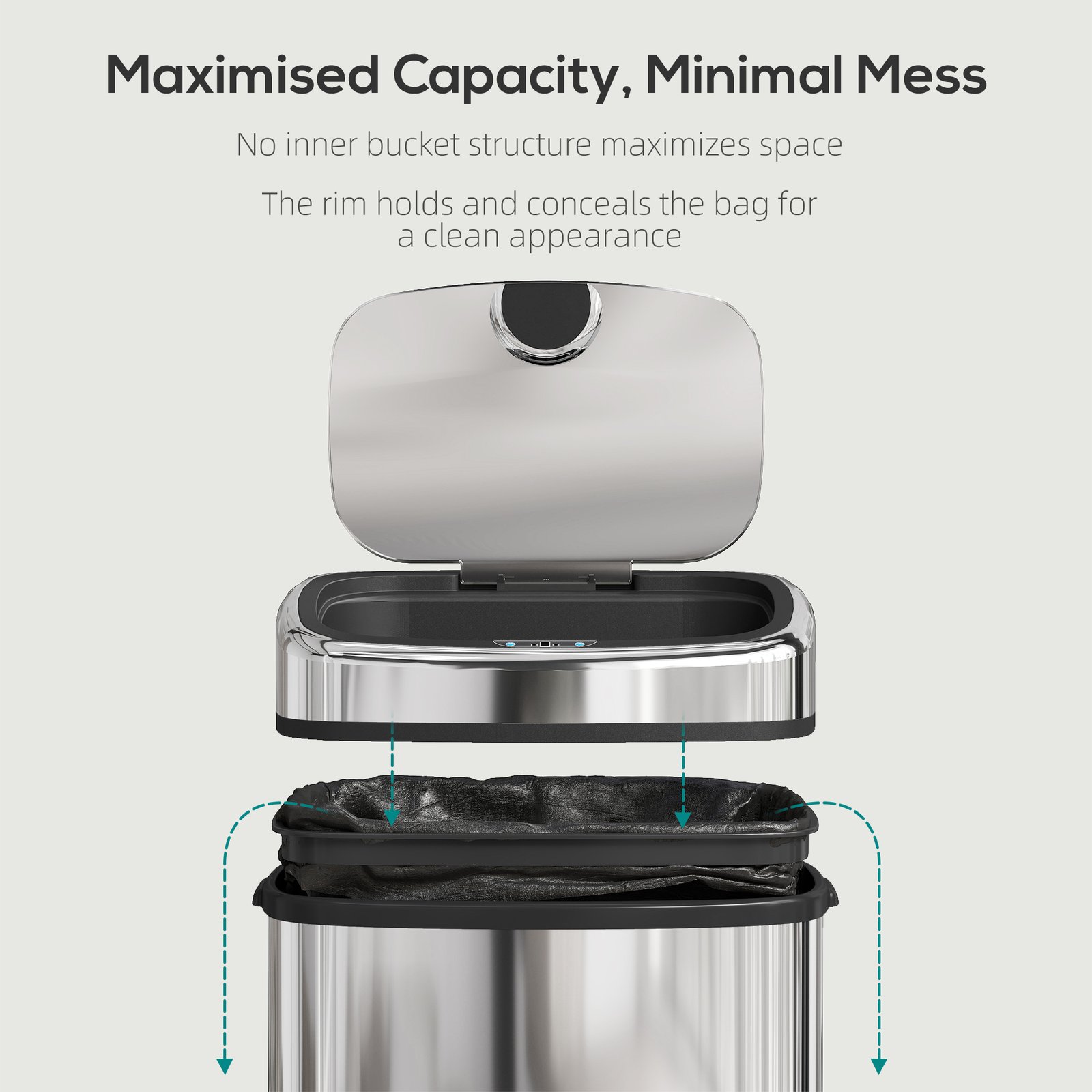 HOMCOM 50L Stainless Steel Sensor Bin - Silver Tone - Image 7