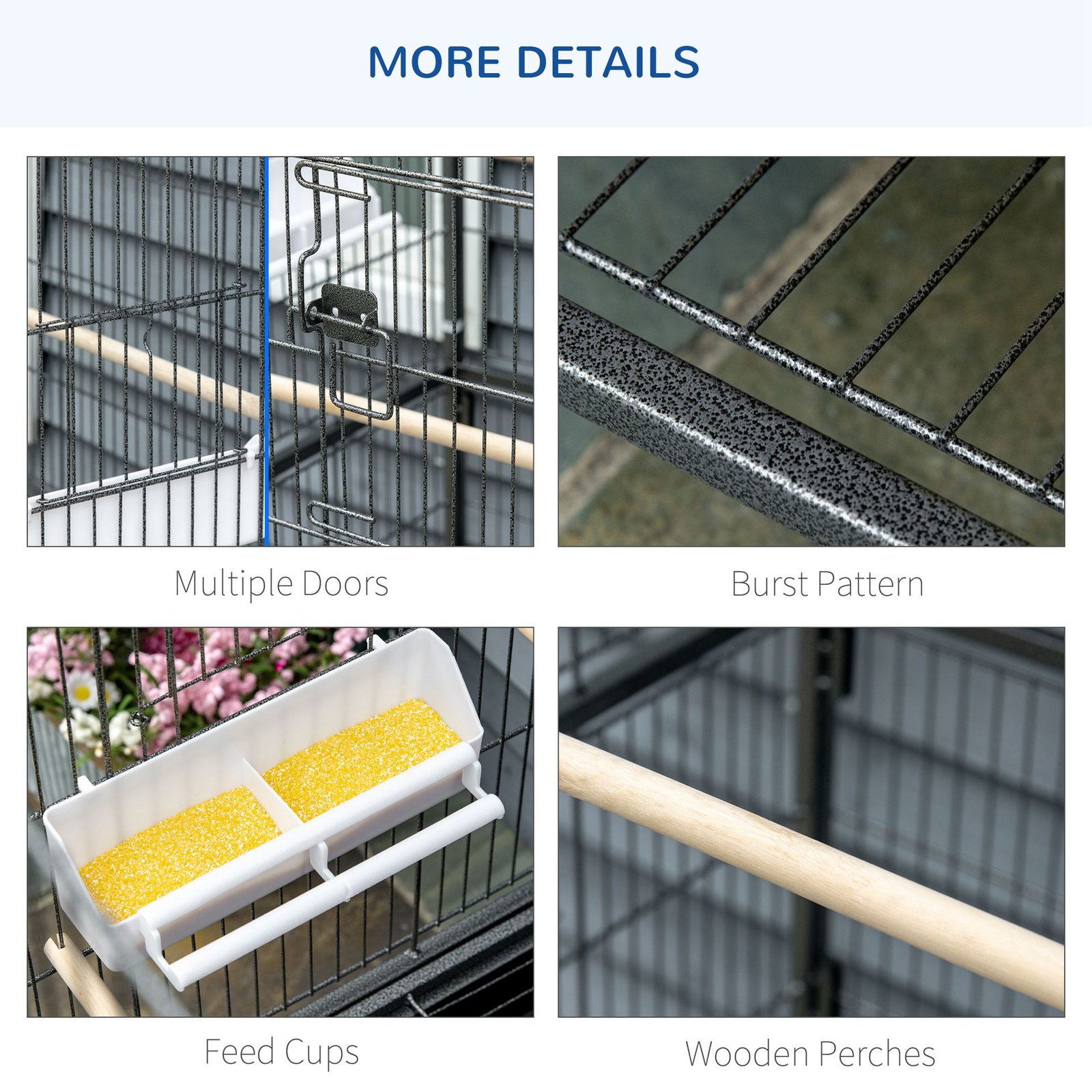 PawHut Large Bird Cage Budgie Cage for Finch Canaries Parakeet with Rolling Stand, Slide-out Tray, Storage Shelf, Food Containers, Dark Grey - Image 7