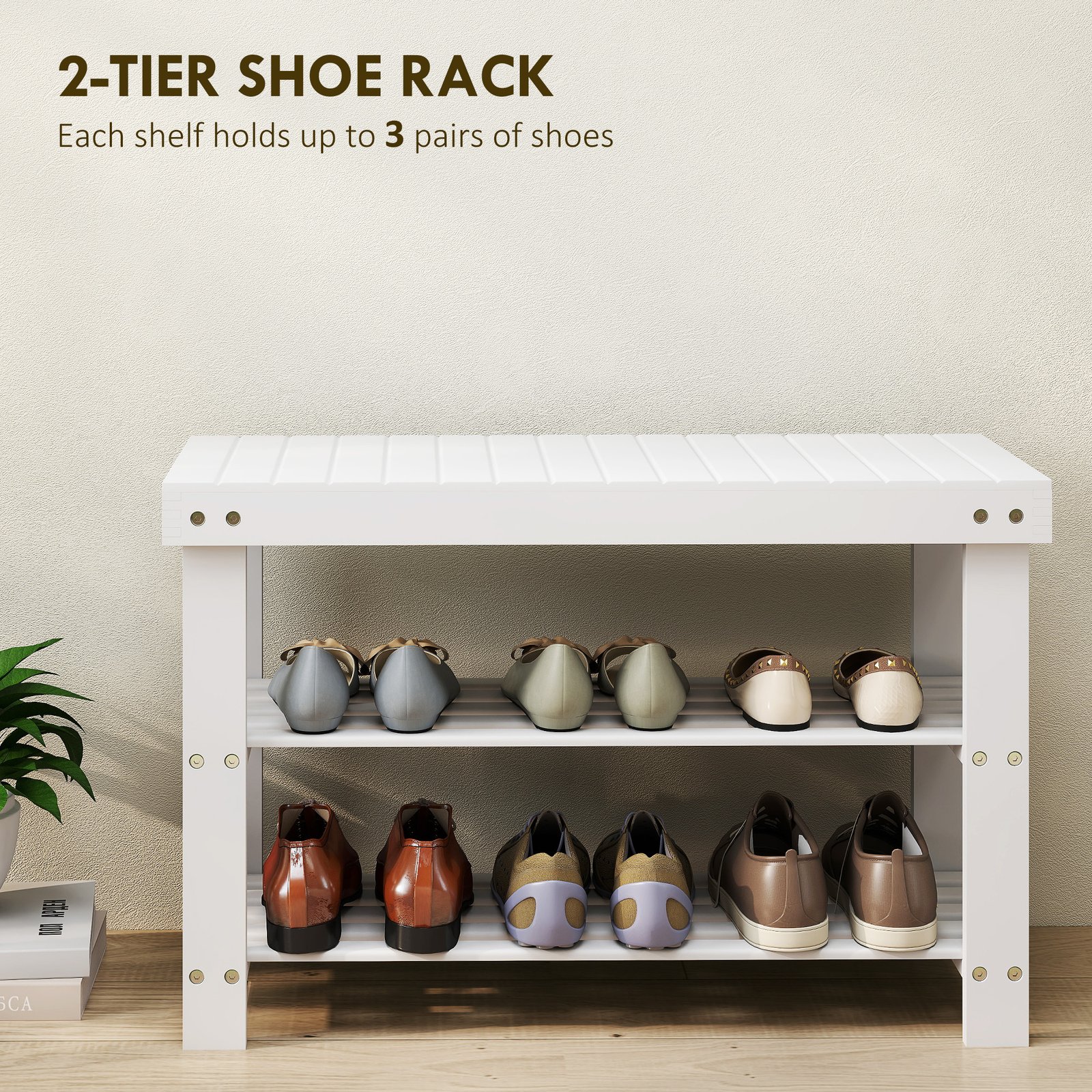 HOMCOM Two Shelf Bamboo Shoe Storage Bench - White - Image 4