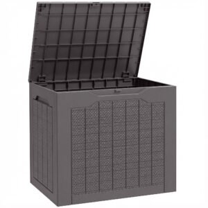 Outsunny 93L Plastic Garden Storage Box, Outdoor Storage Box with Handles, Waterproof Outdoor Storage Container, Brown