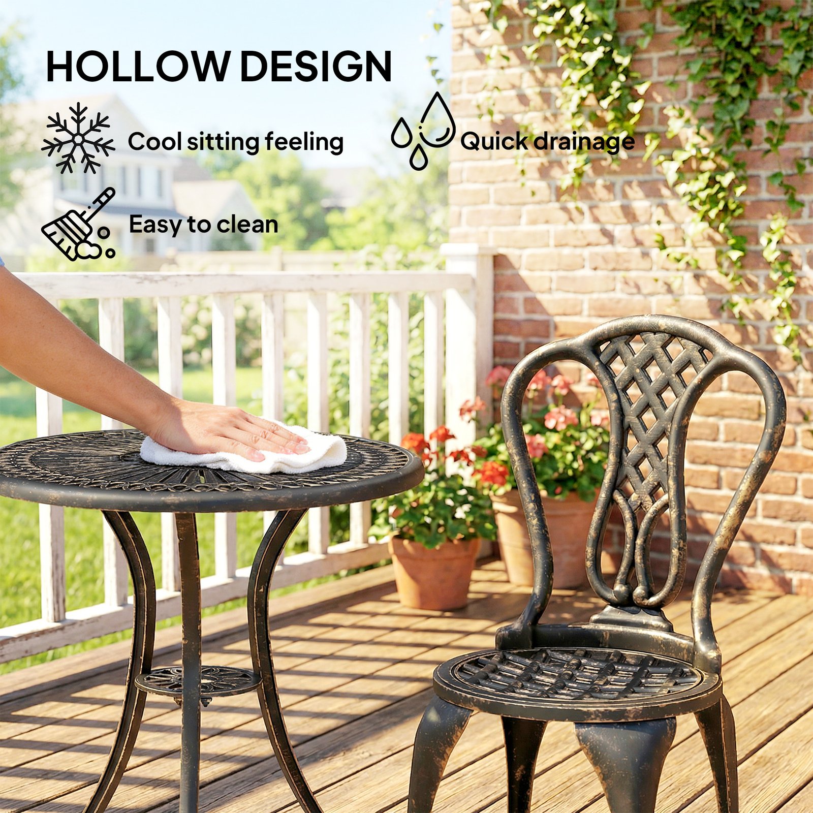 Outsunny Outdoor Bistro Set for 2 Cast Aluminium Patio Furniture with Round Table Umbrella Hole Brown - Image 6