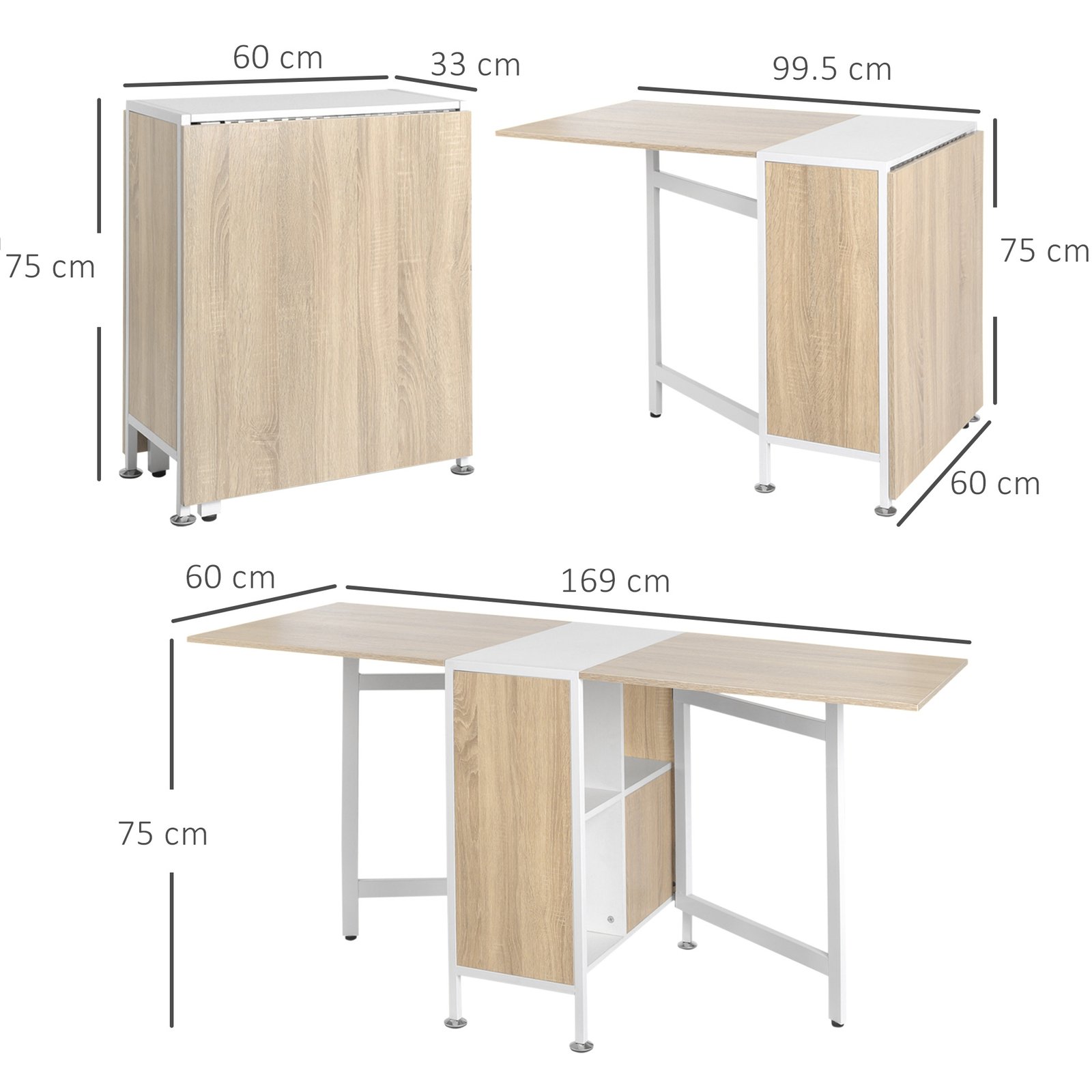 HOMCOM Foldable Drop Leaf Dining Table Folding Workstation for Small Space with Storage Shelves Cubes Oak & White - Image 3