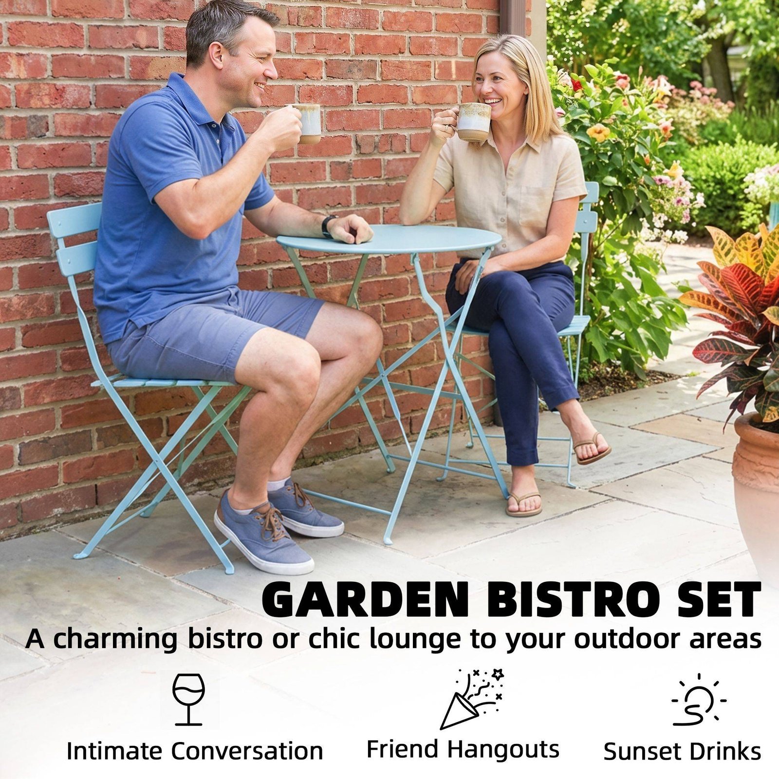 Outsunny Folding Garden Bistro Set, Outdoor Round Bistro Table and Chairs Set 2 with Electrophoresis Metal Frame, Light Blue - Image 5