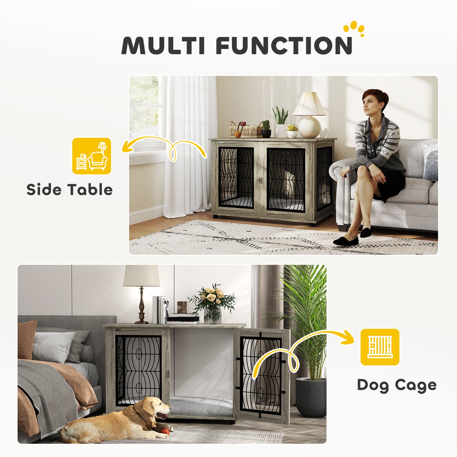 PawHut 46.46'' Dog Crate Furniture Table with Soft Washable Cushion and Lockable Door, for Large Indoor Dogs, Grey - Image 5