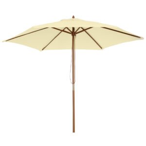 Outsunny 2.5m Wood Garden Parasol Sun Shade Patio Outdoor Wooden Umbrella Canopy, Table Market Umbrella with Vent, 38mm Pole, Rope Pulley Mechanism, Cream White