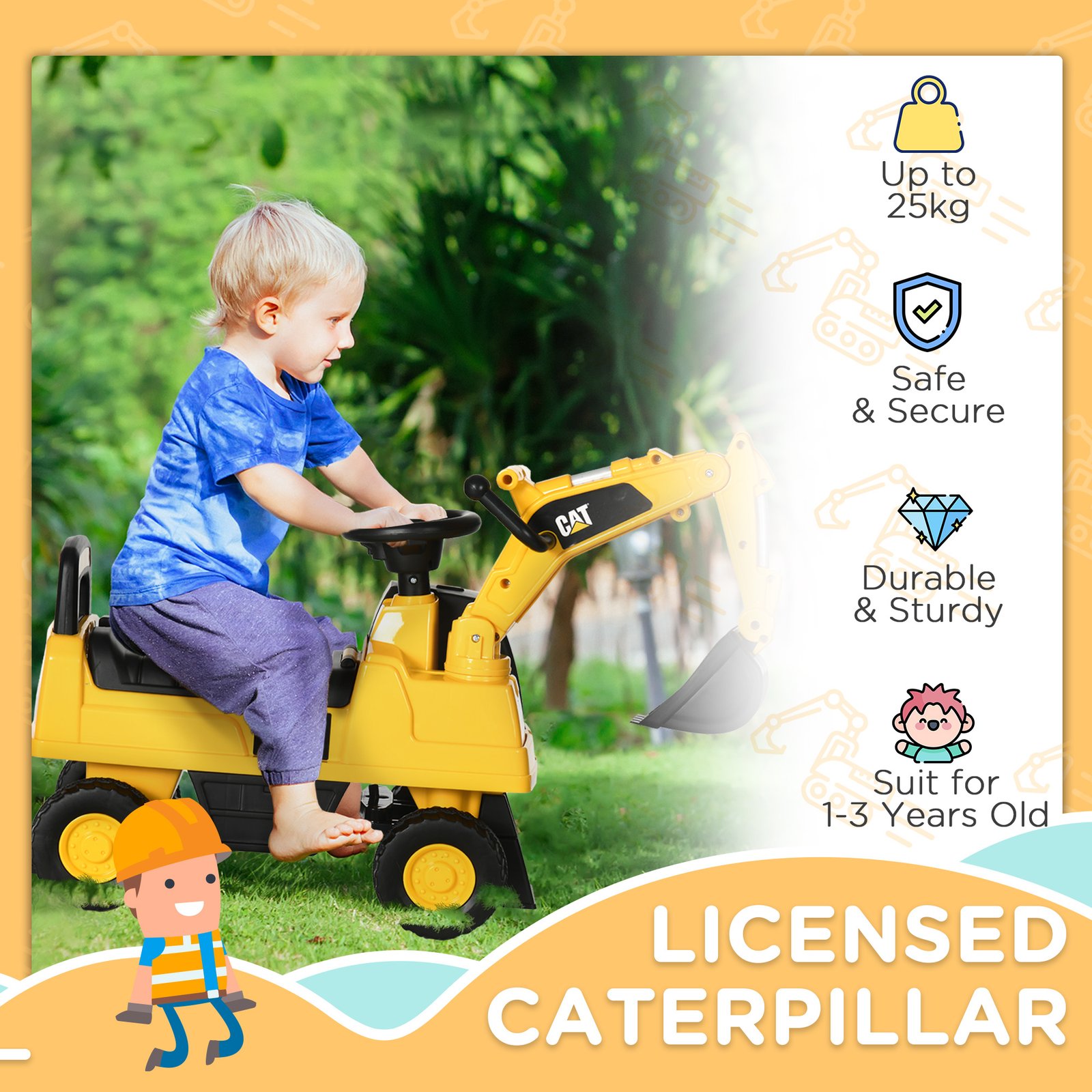 HOMCOM CAT Licensed Kids Ride on Digger Toddler Pretend Construction Play Toy Foot-To-Floor Ride-On Toy w/ Manual Shovel, Horn, Hidden Storage, for Ages 1-3 Years - Image 4
