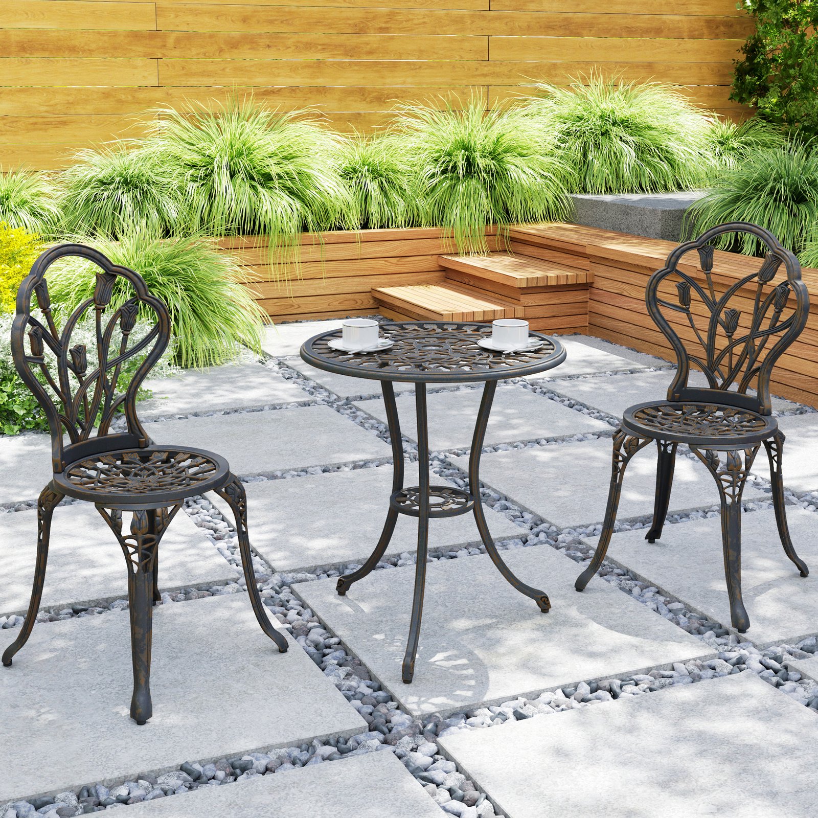 Outsunny 3 Piece Patio Bistro Set for 2, Outdoor Aluminium Garden Table and Chairs with Umbrella Hole for Balcony, Bronze Tone - Image 8
